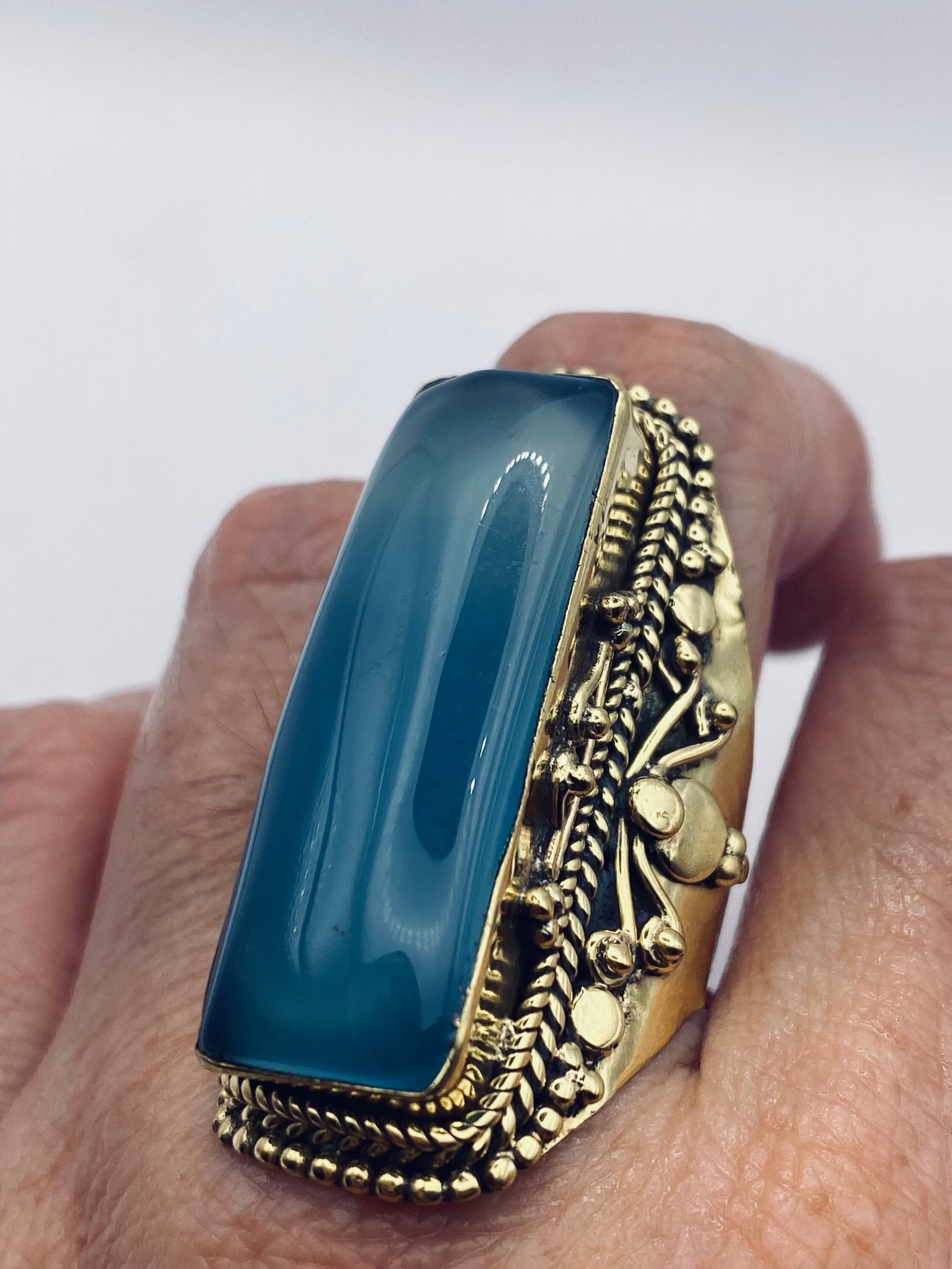 Vintage Blue Chalcedony gold bronze Ring Statement Cocktail Size 8.5