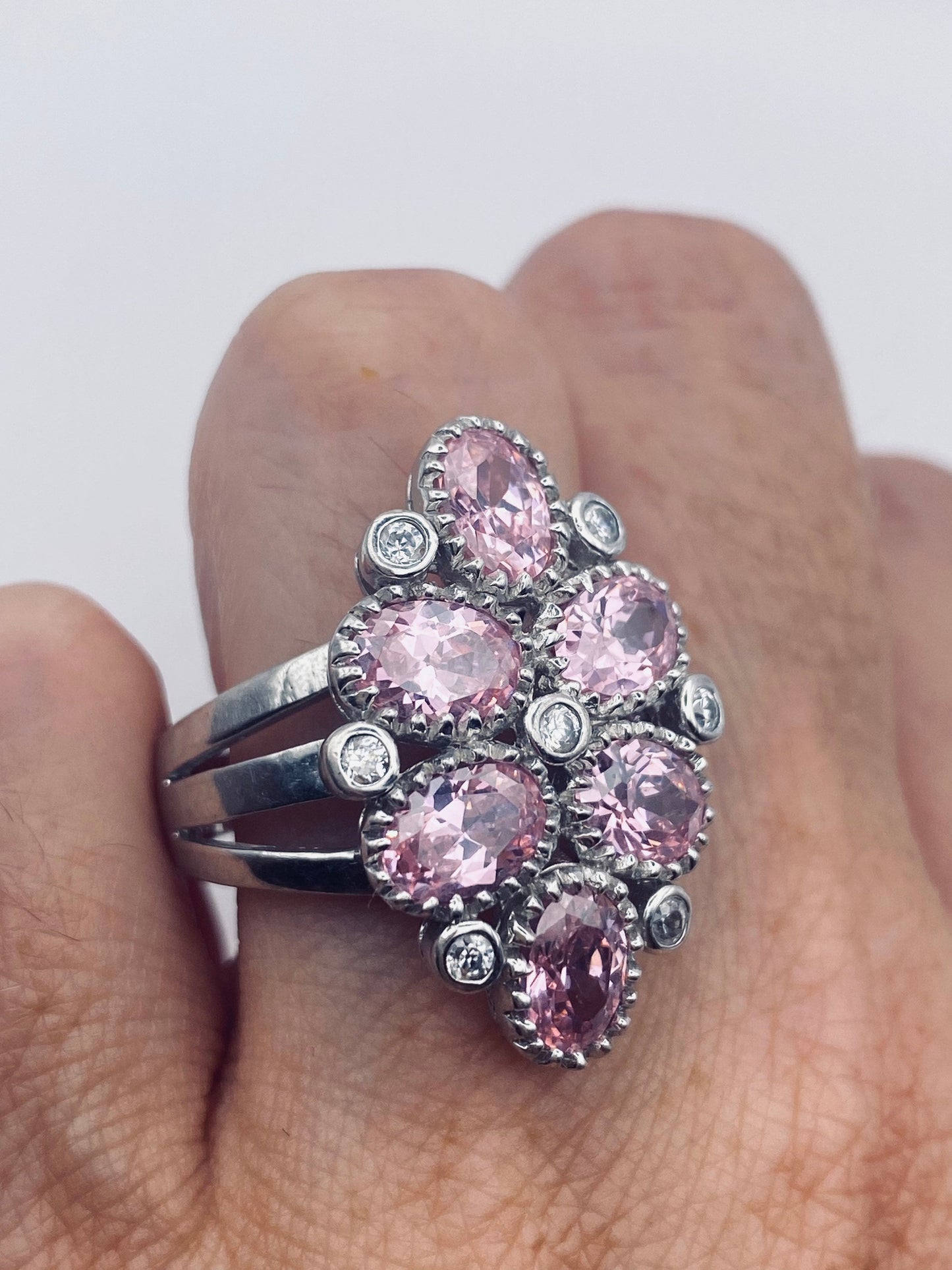 Vintage Pink Ice CZ Deco Ring 925 Sterling Silver Cocktail