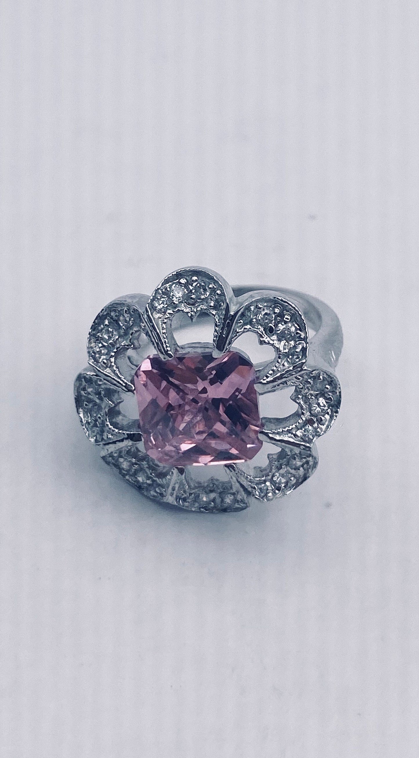 Vintage Pink Ice CZ Deco Ring 925 Sterling Silver Cocktail