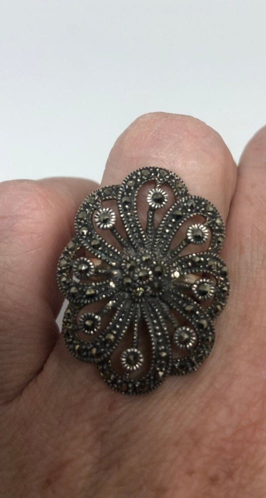 Vintage Genuine Swiss Marcasite Setting 925 Sterling Silver Gothic Ring