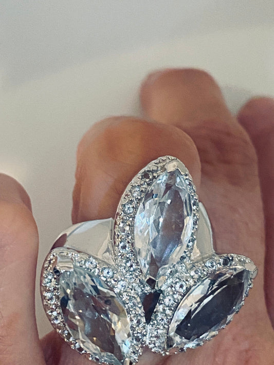 Vintage White Sapphire and Clear Aquamarine 925 Sterling Silver Statement Cocktail Ring