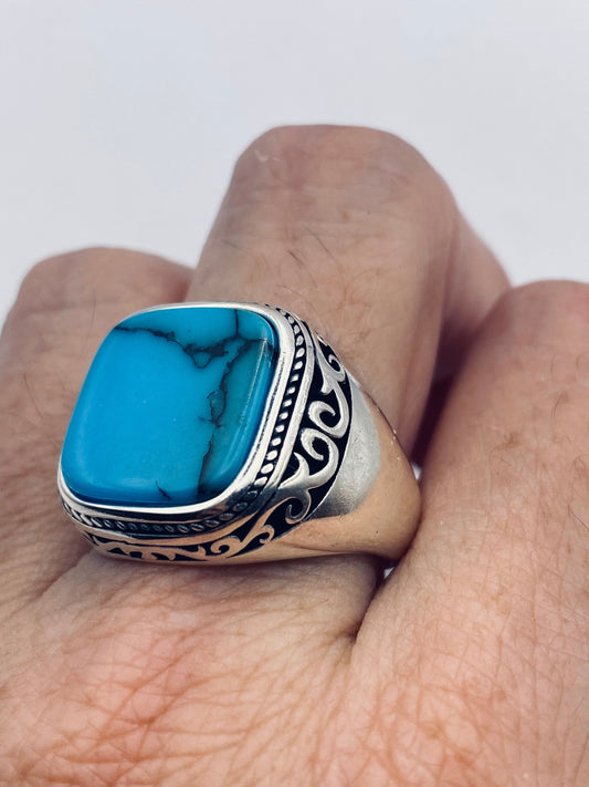 Vintage Turquoise Howlite Mens Ring in 925 Sterling Silver