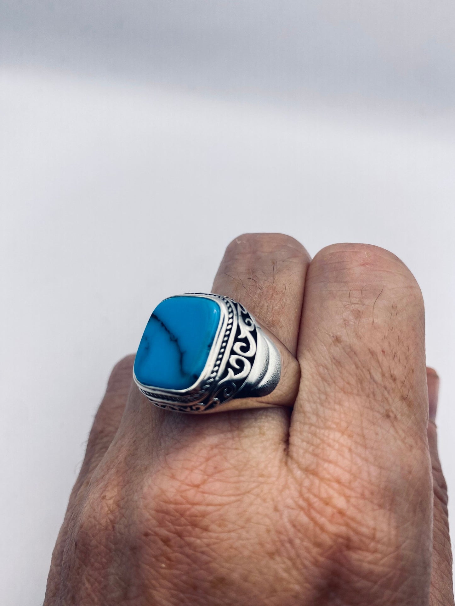 Vintage Turquoise Howlite Mens Ring in 925 Sterling Silver
