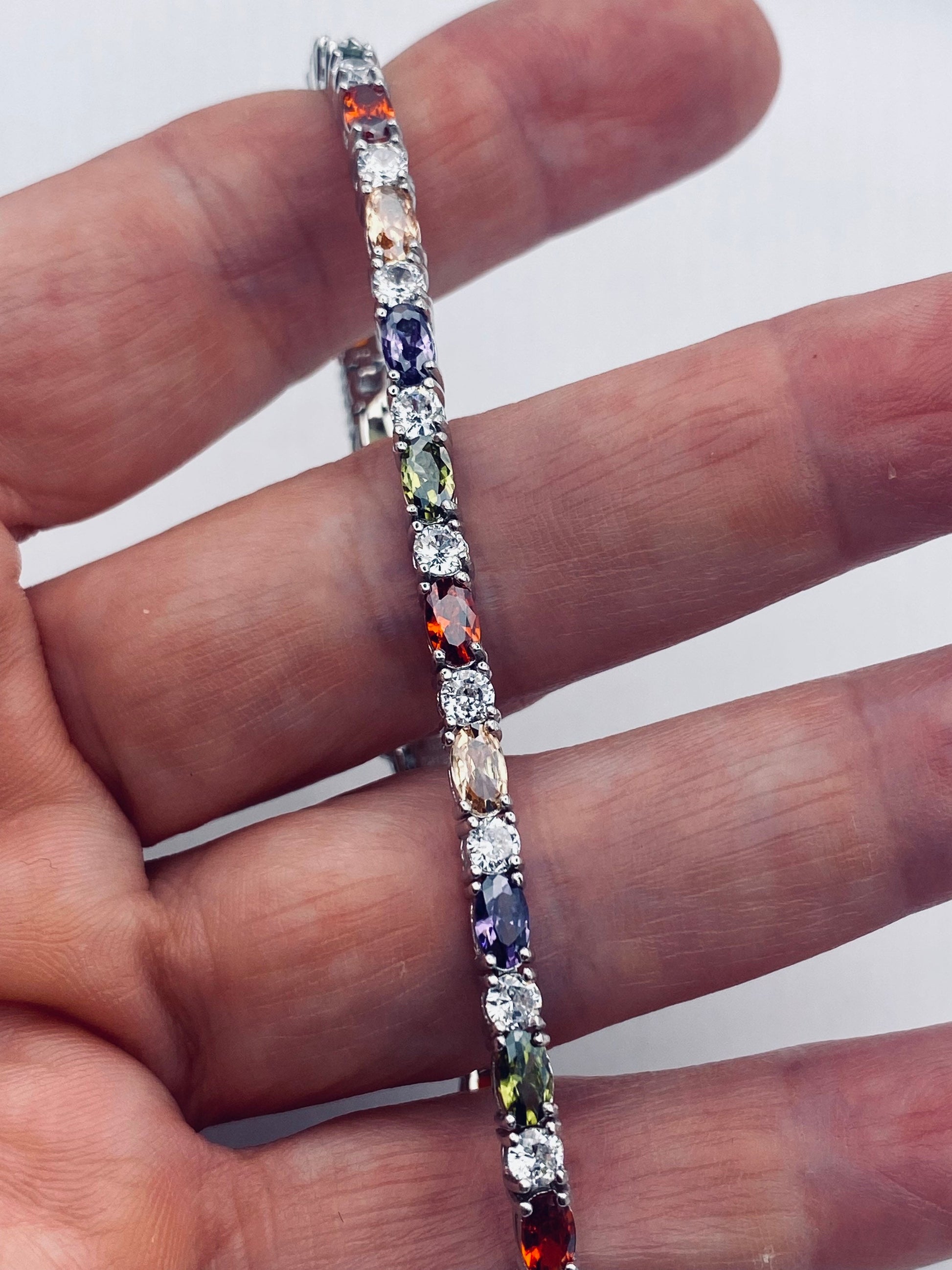 Vintage Mixed Gemstone 925 Sterling Silver Tennis Bracelet