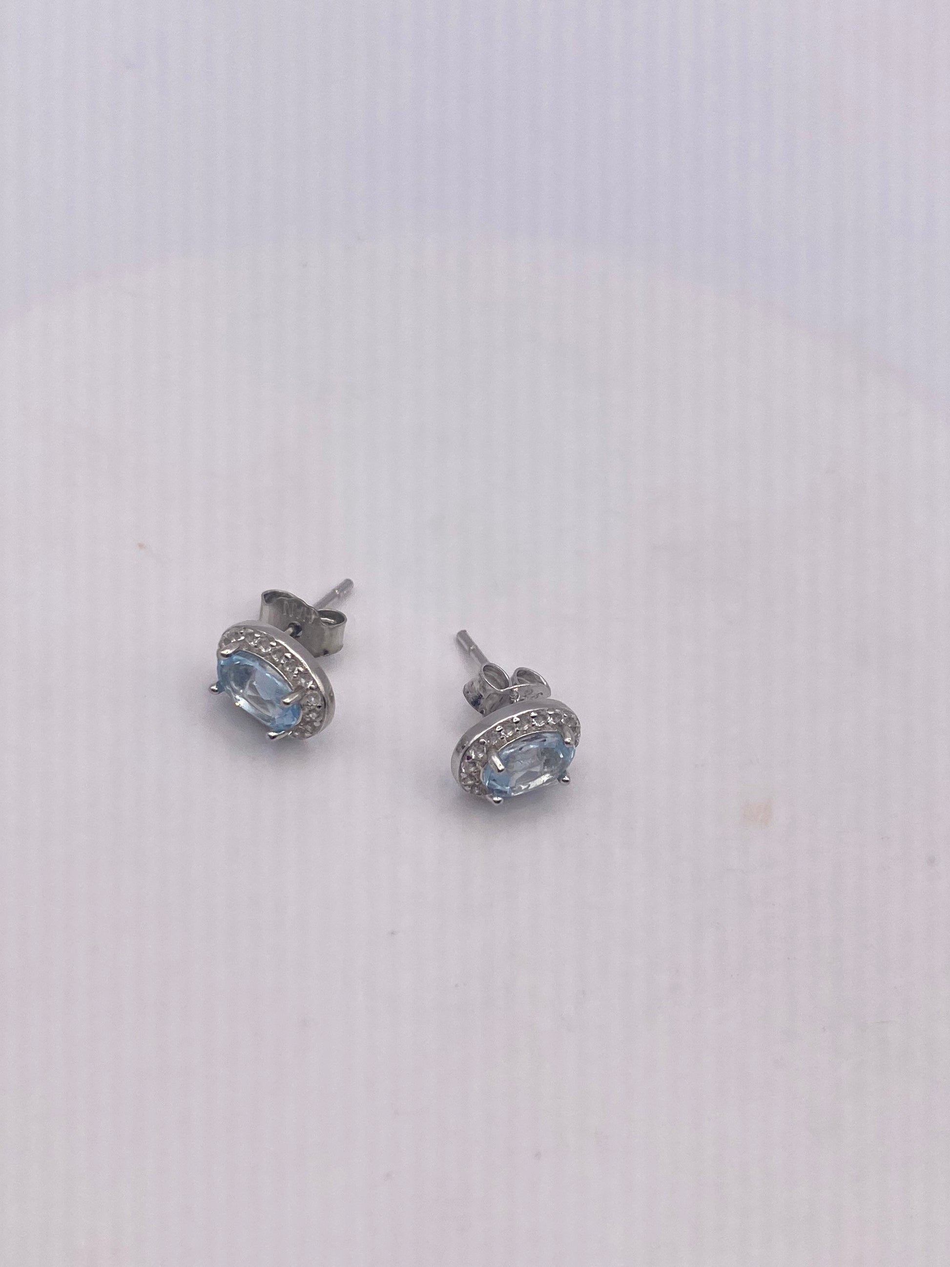 Vintage Blue Topaz Studs 925 Sterling Silver Earrings