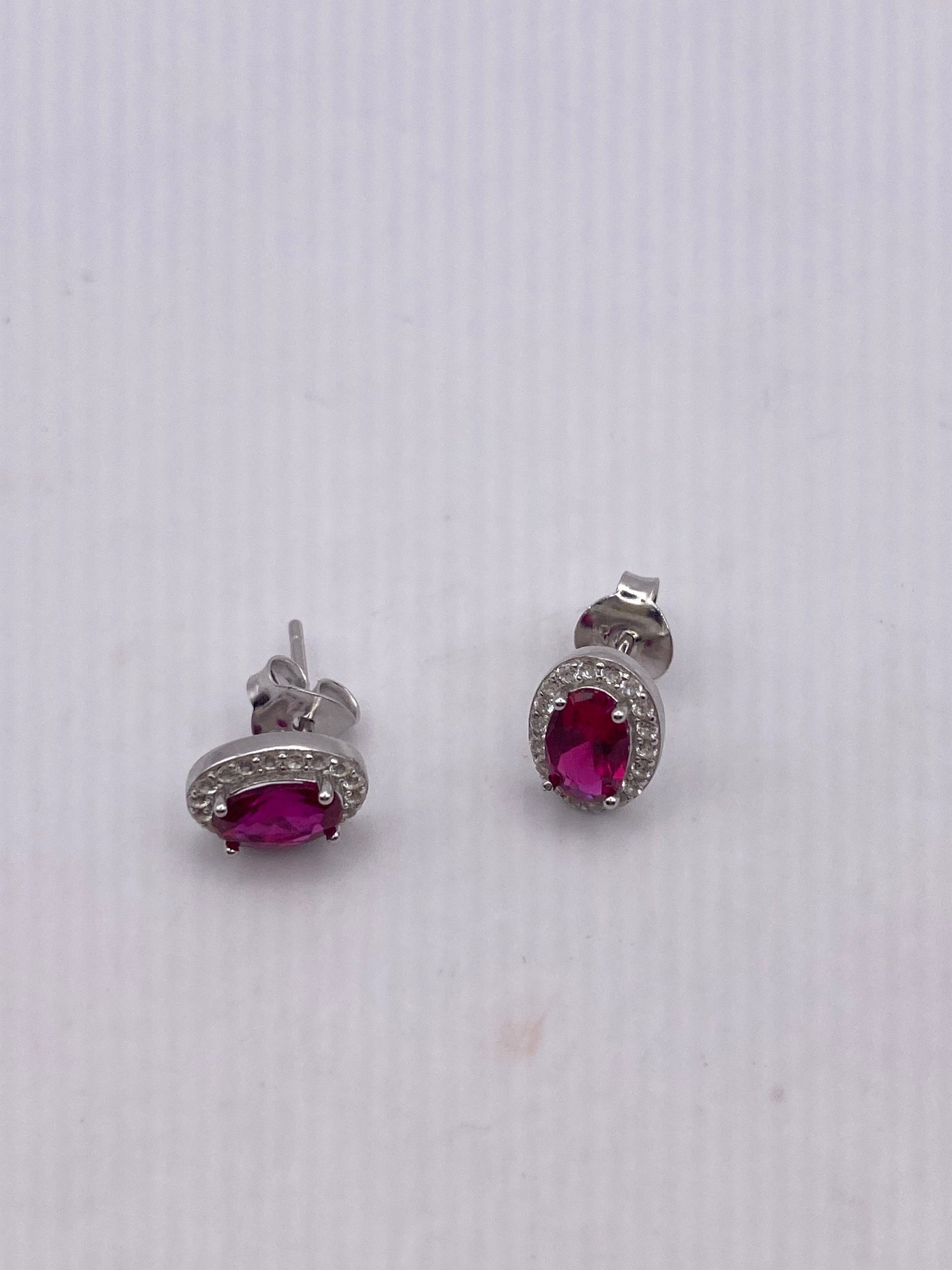 Vintage Sterling Silver Deep Pink Ruby Earrings