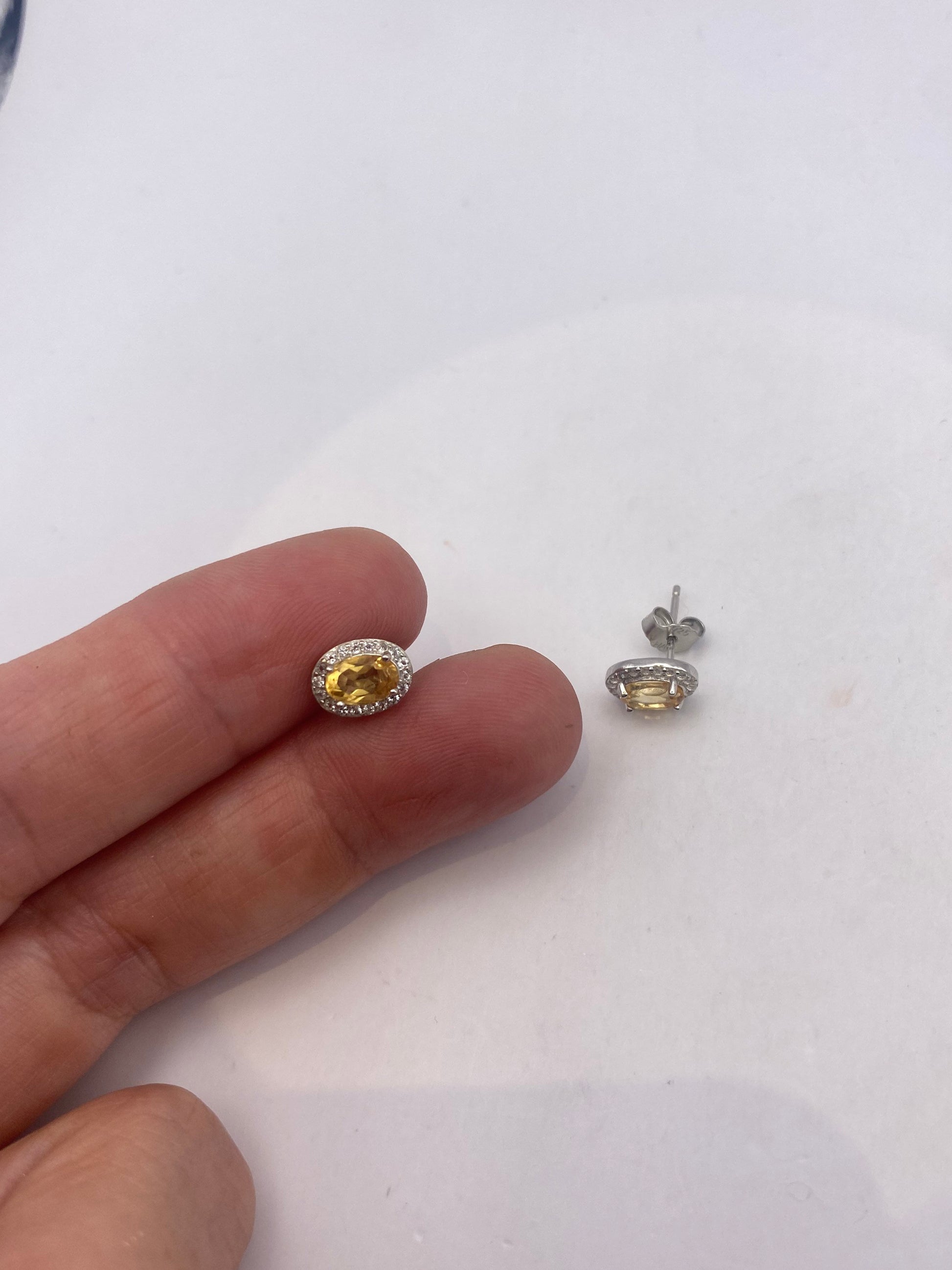 Vintage Citrine Earrings 925 Sterling Silver Stud