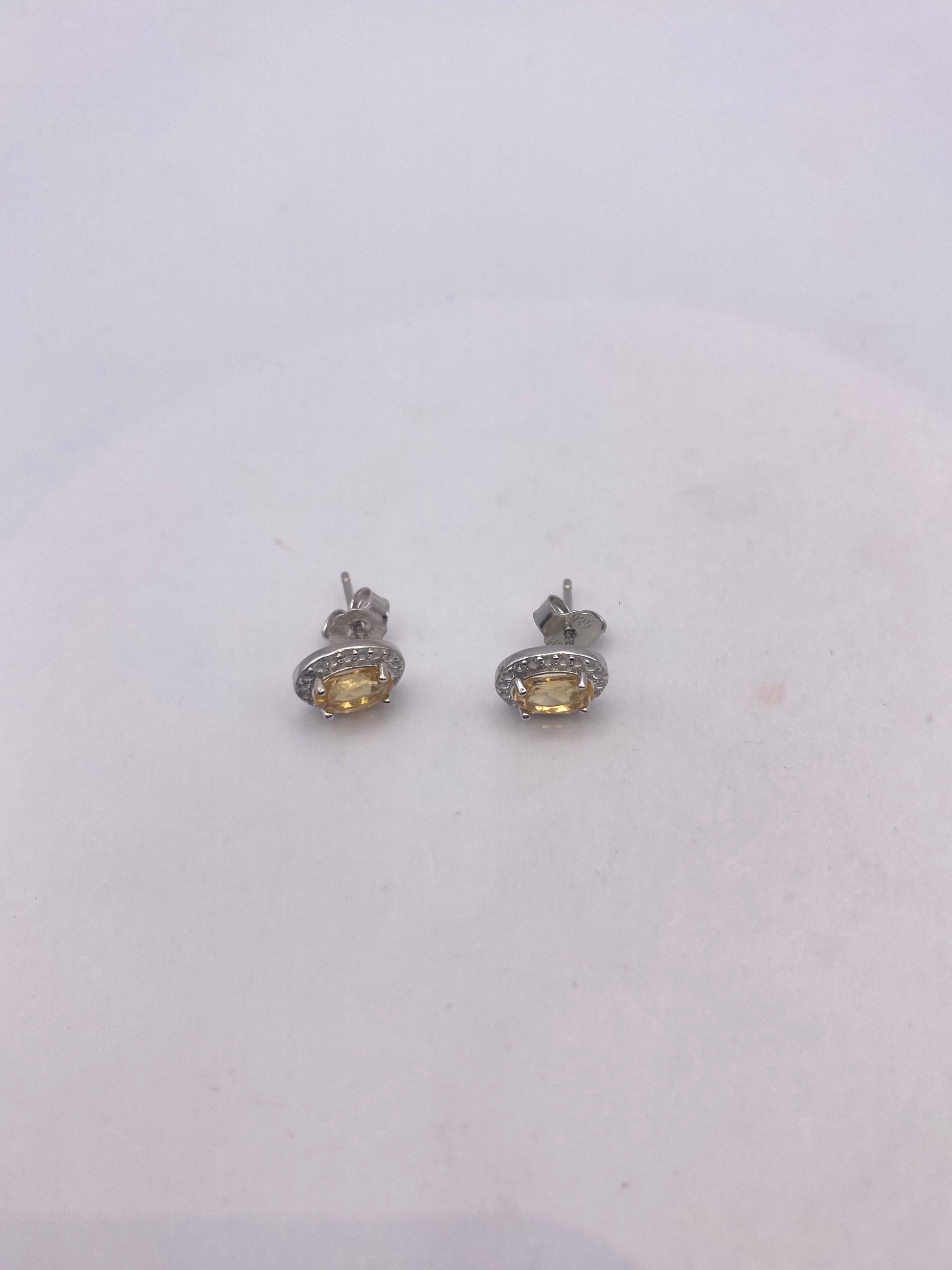 Vintage Citrine Earrings 925 Sterling Silver Stud