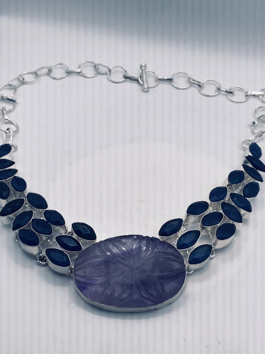 Vintage Blue Sodalite Colbolt Glass Choker Silver Collar Bib Necklace