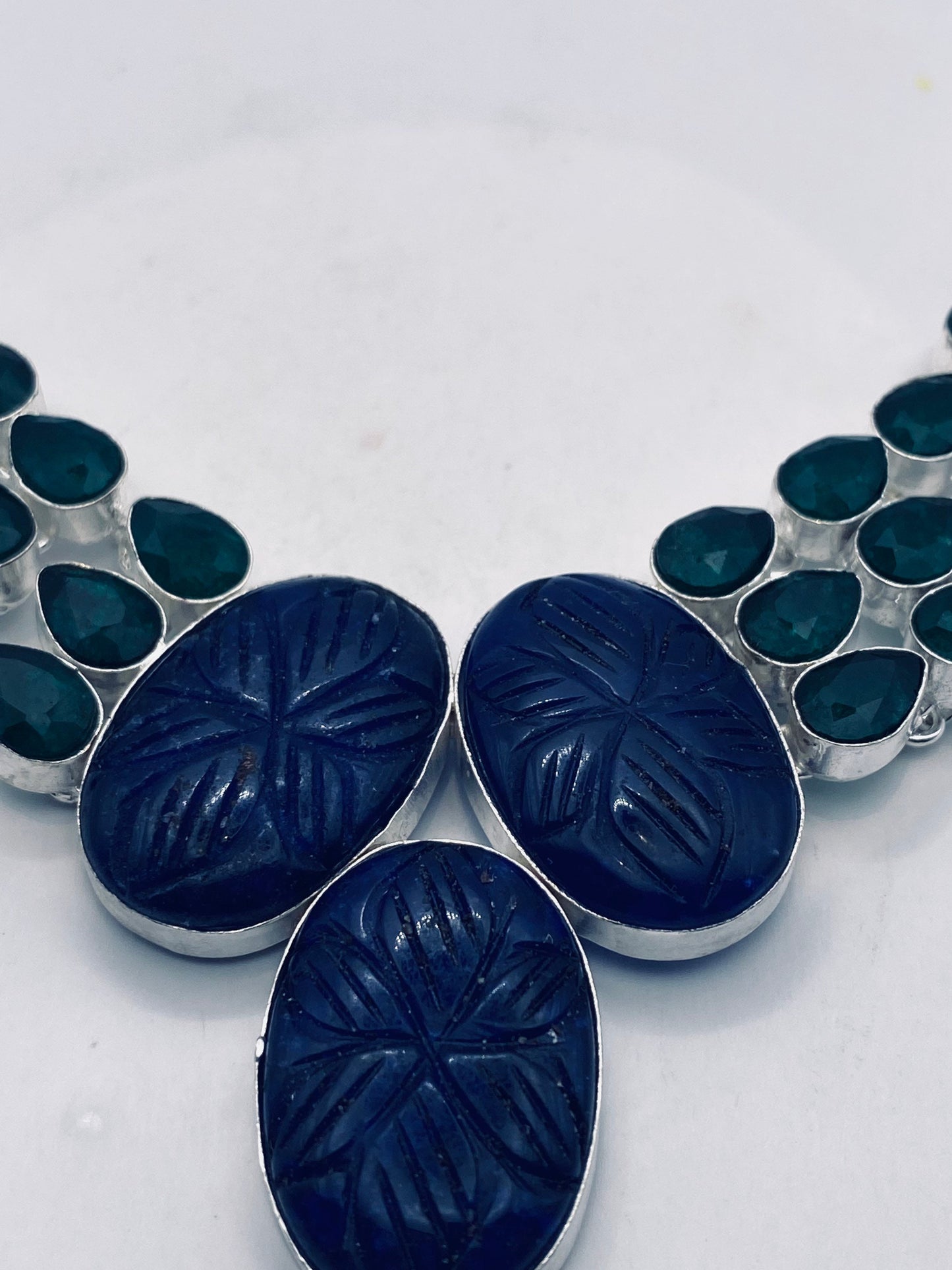 Vintage Blue Sodalite Raw Emerald Choker Silver Collar Bib Necklace