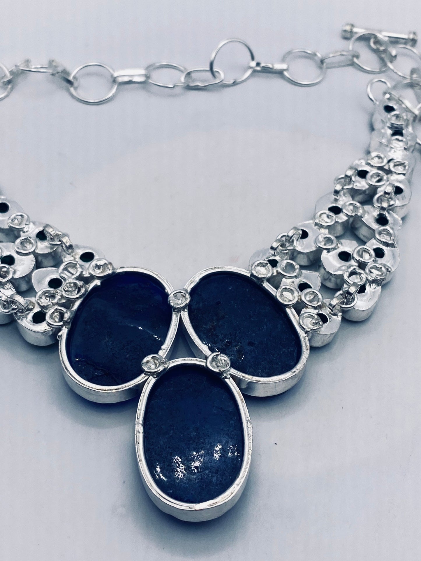 Vintage Blue Sodalite Raw Emerald Choker Silver Collar Bib Necklace