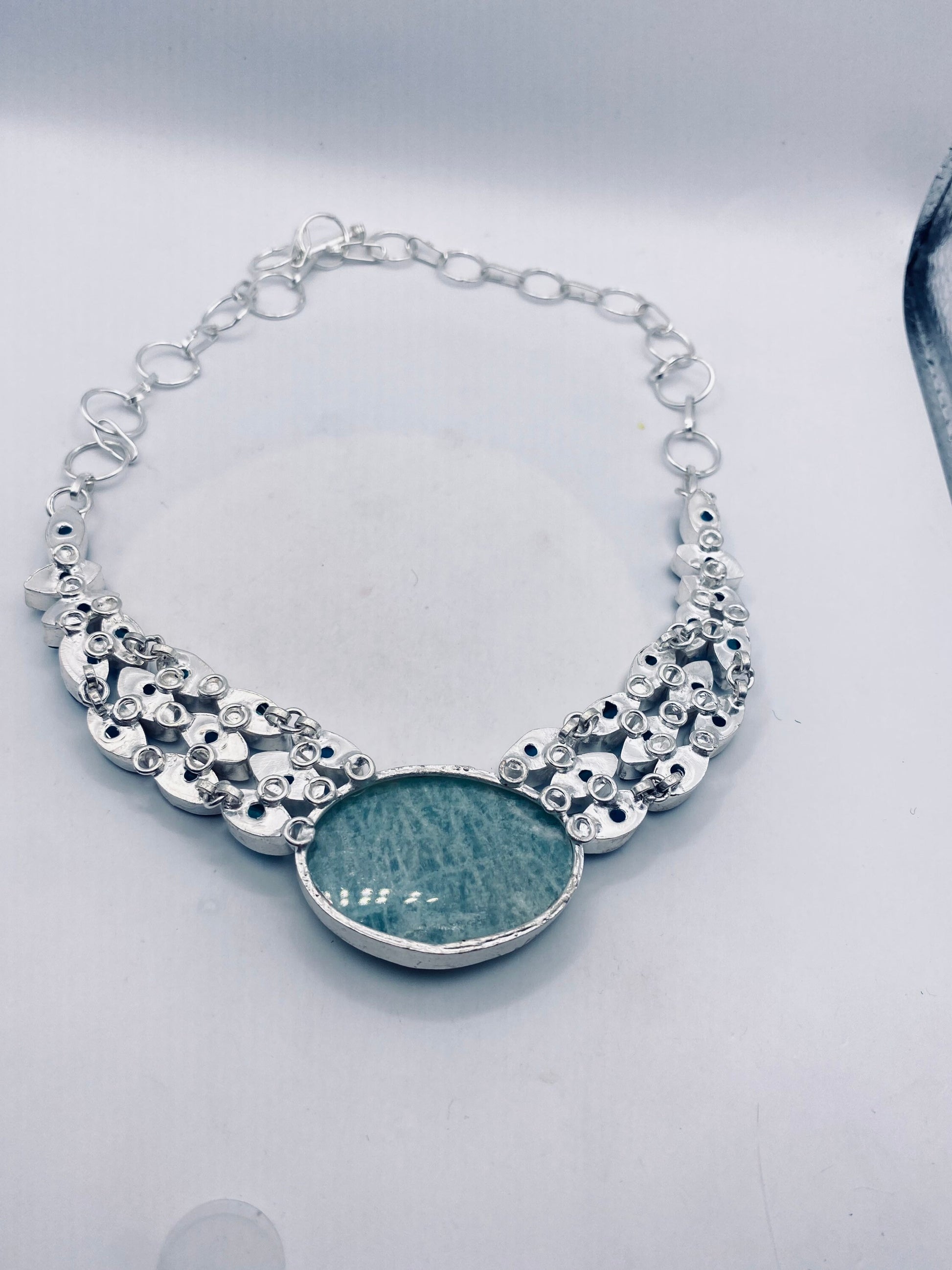 Vintage Blue Amazonite Emerald Glass Choker Silver Collar Bib Necklace