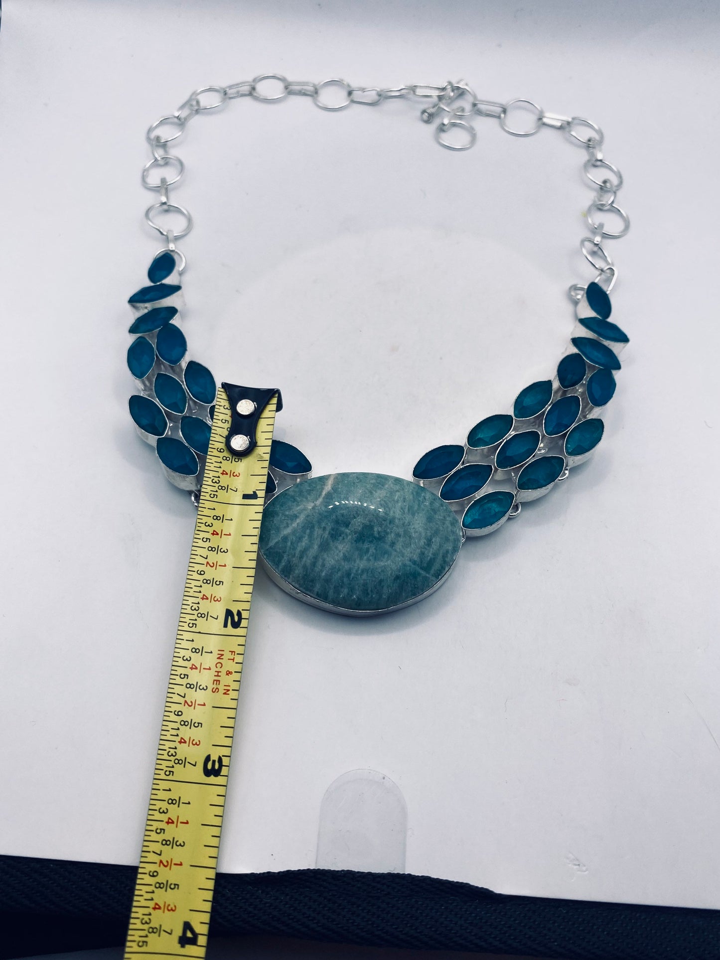 Vintage Blue Amazonite Emerald Glass Choker Silver Collar Bib Necklace