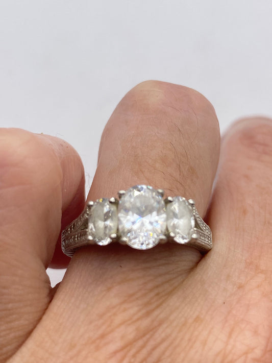 Vintage White Sapphire and CZ 925 Sterling Silver Wedding Band Ring
