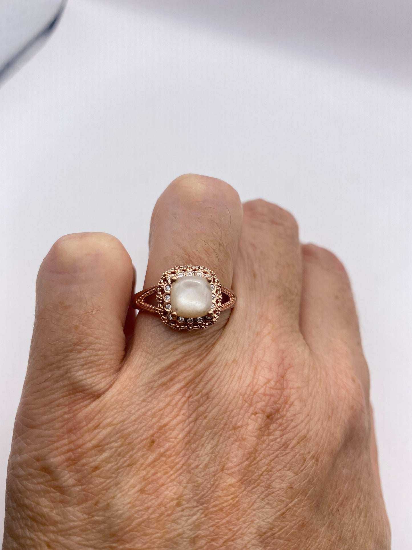 Vintage Genuine Mother of Pearl Rose Gold 925 Sterling Silver Ring