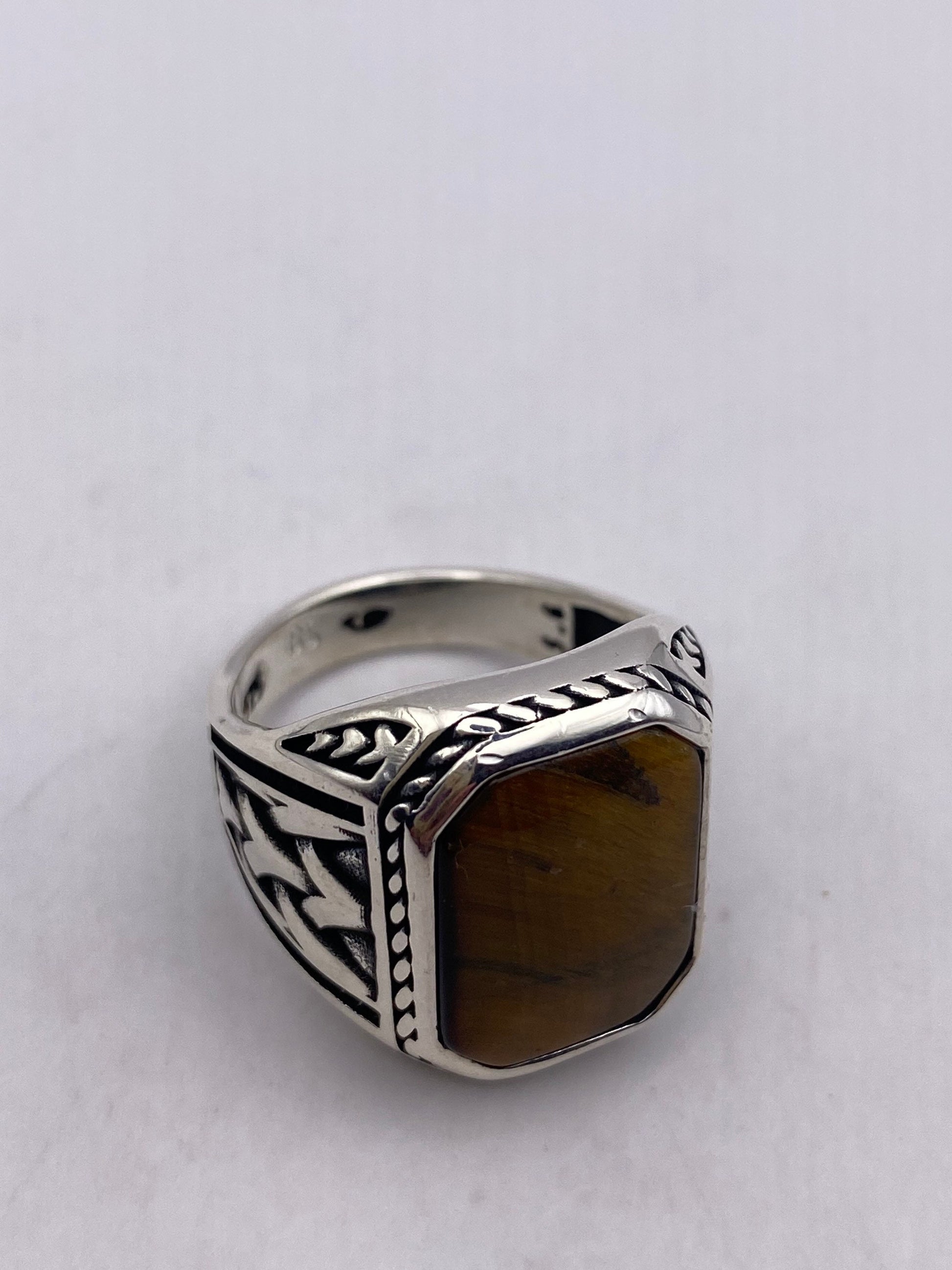 Vintage 925 Sterling Silver Genuine Tigers Eye Mens Ring