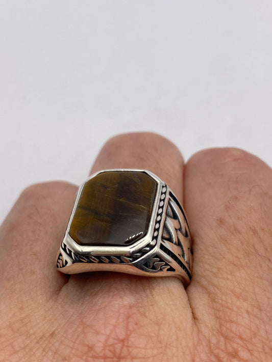 Vintage 925 Sterling Silver Genuine Tigers Eye Mens Ring