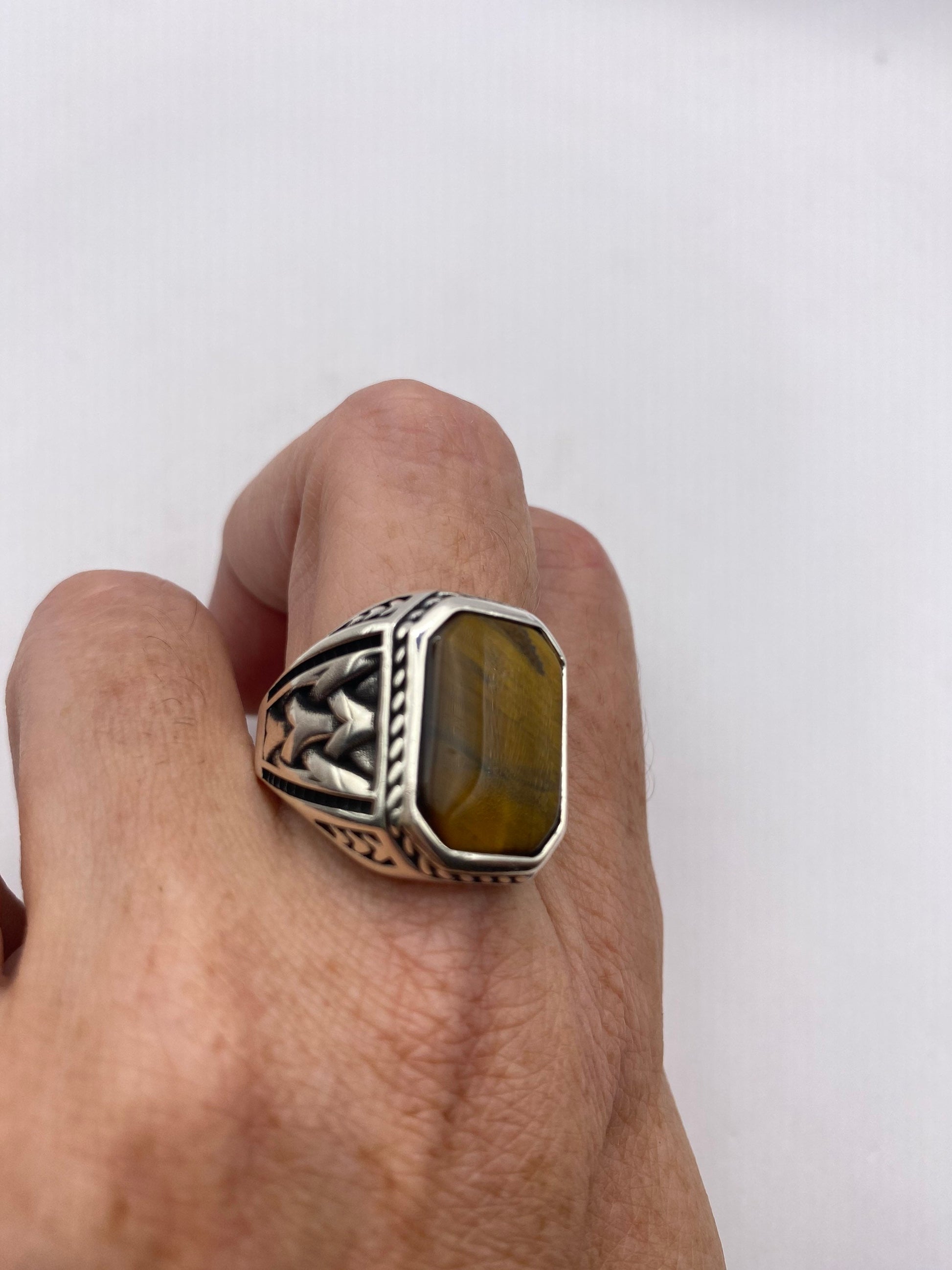 Vintage 925 Sterling Silver Genuine Tigers Eye Mens Ring