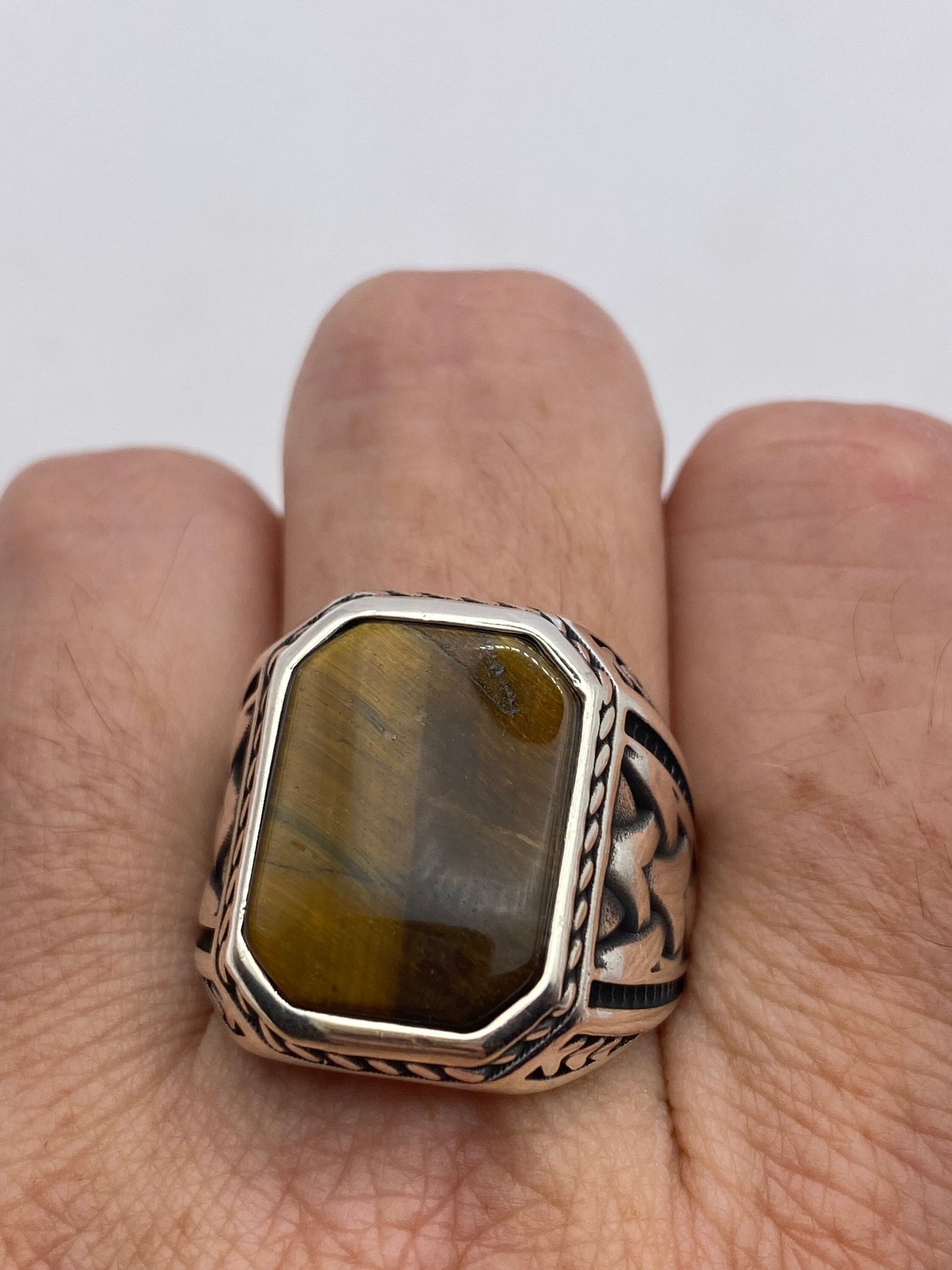 Vintage 925 Sterling Silver Genuine Tigers Eye Mens Ring