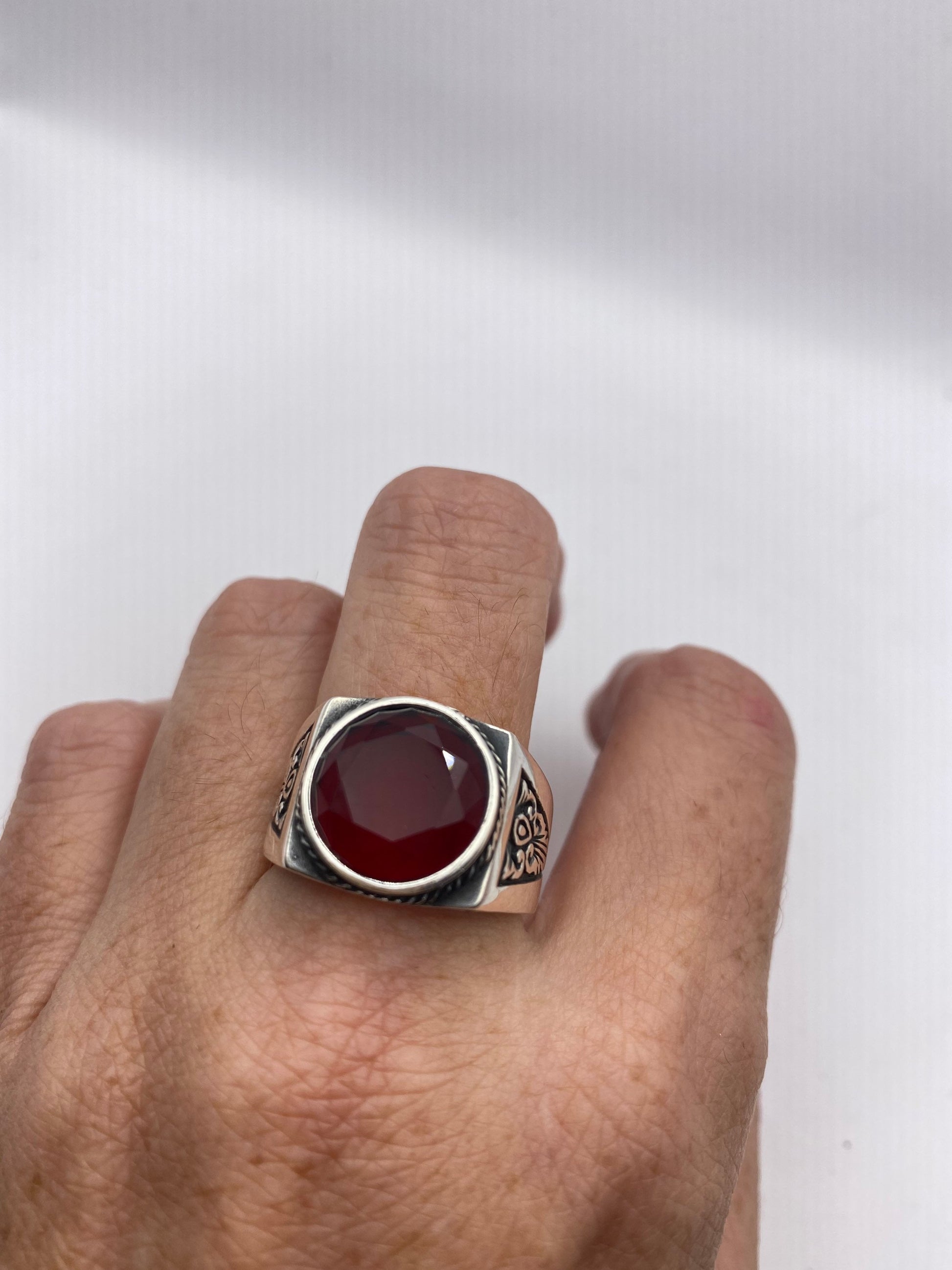 Vintage Sterling Silver Ruby Glass Mens Pirate Ring