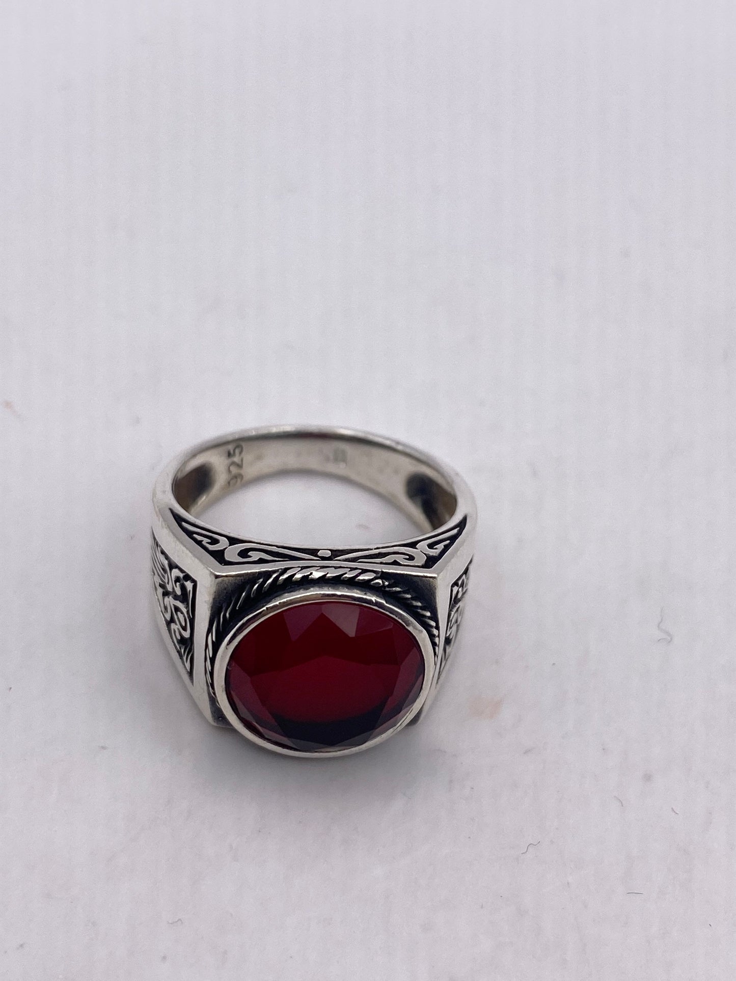 Vintage Sterling Silver Ruby Glass Mens Pirate Ring