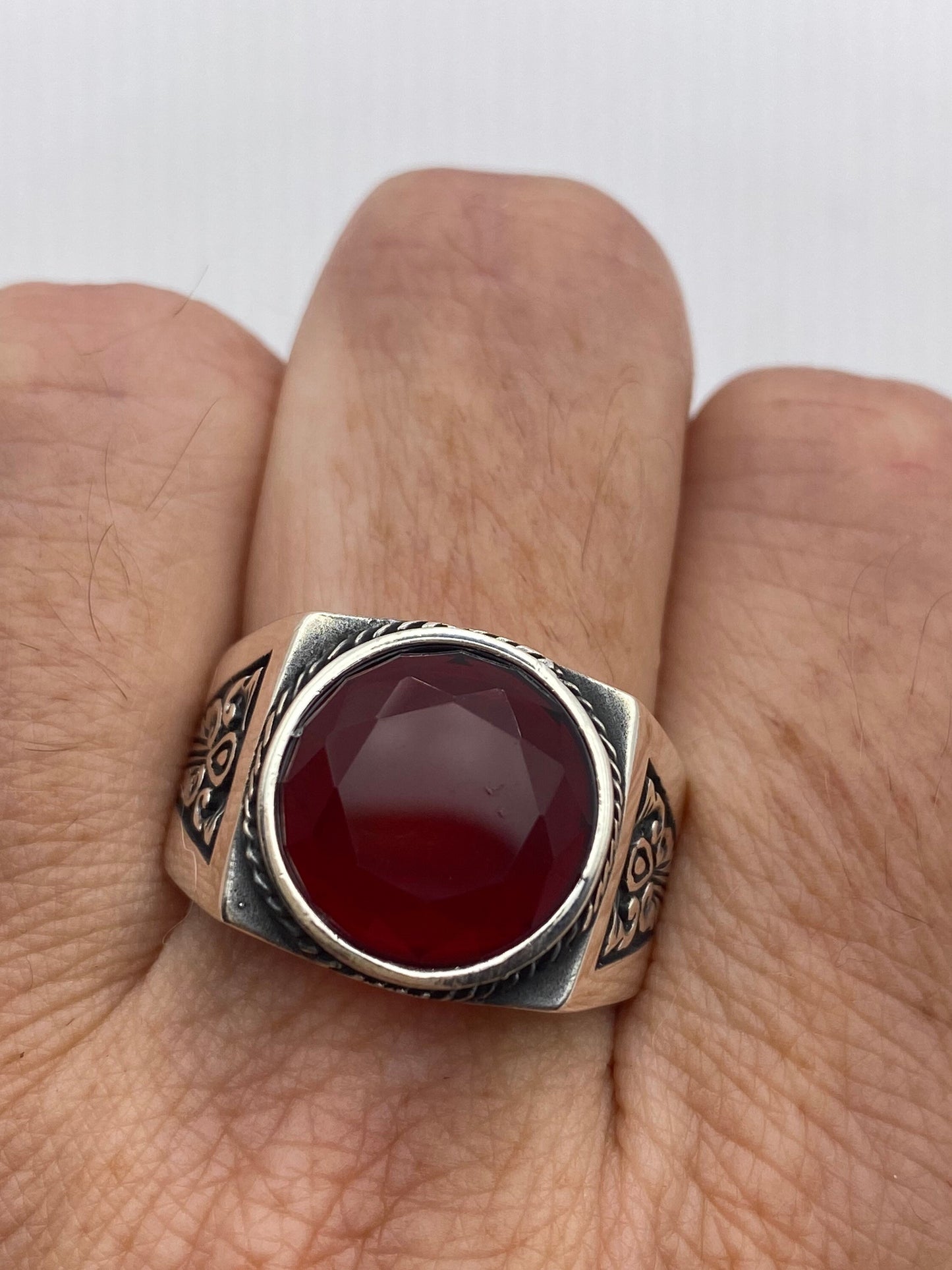 Vintage Sterling Silver Ruby Glass Mens Pirate Ring