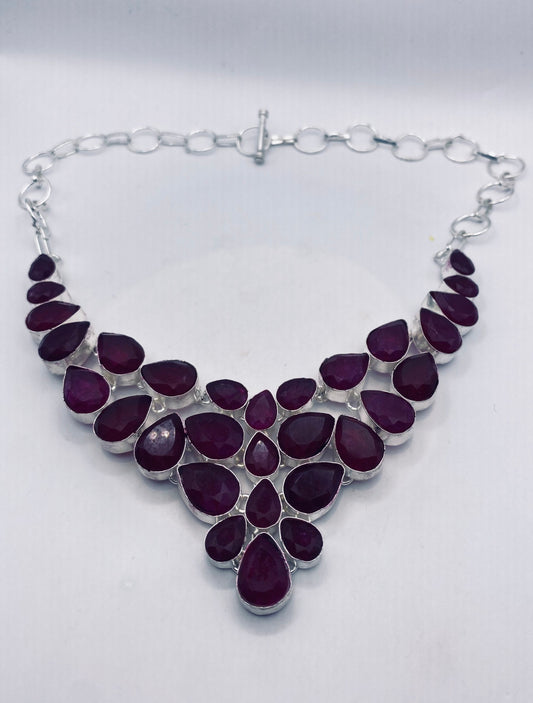 Vintage Red Carved Raw Ruby Choker Silver Collar Bib Necklace