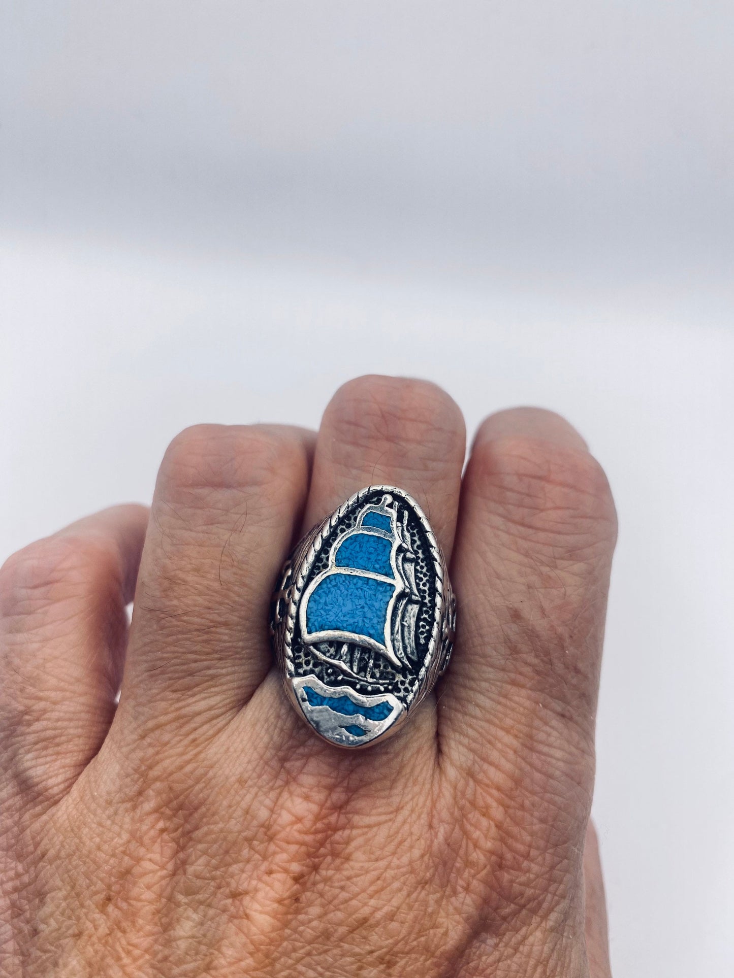 Vintage Southwestern Turquoise Inlay Sailboat Ship Mens Ring