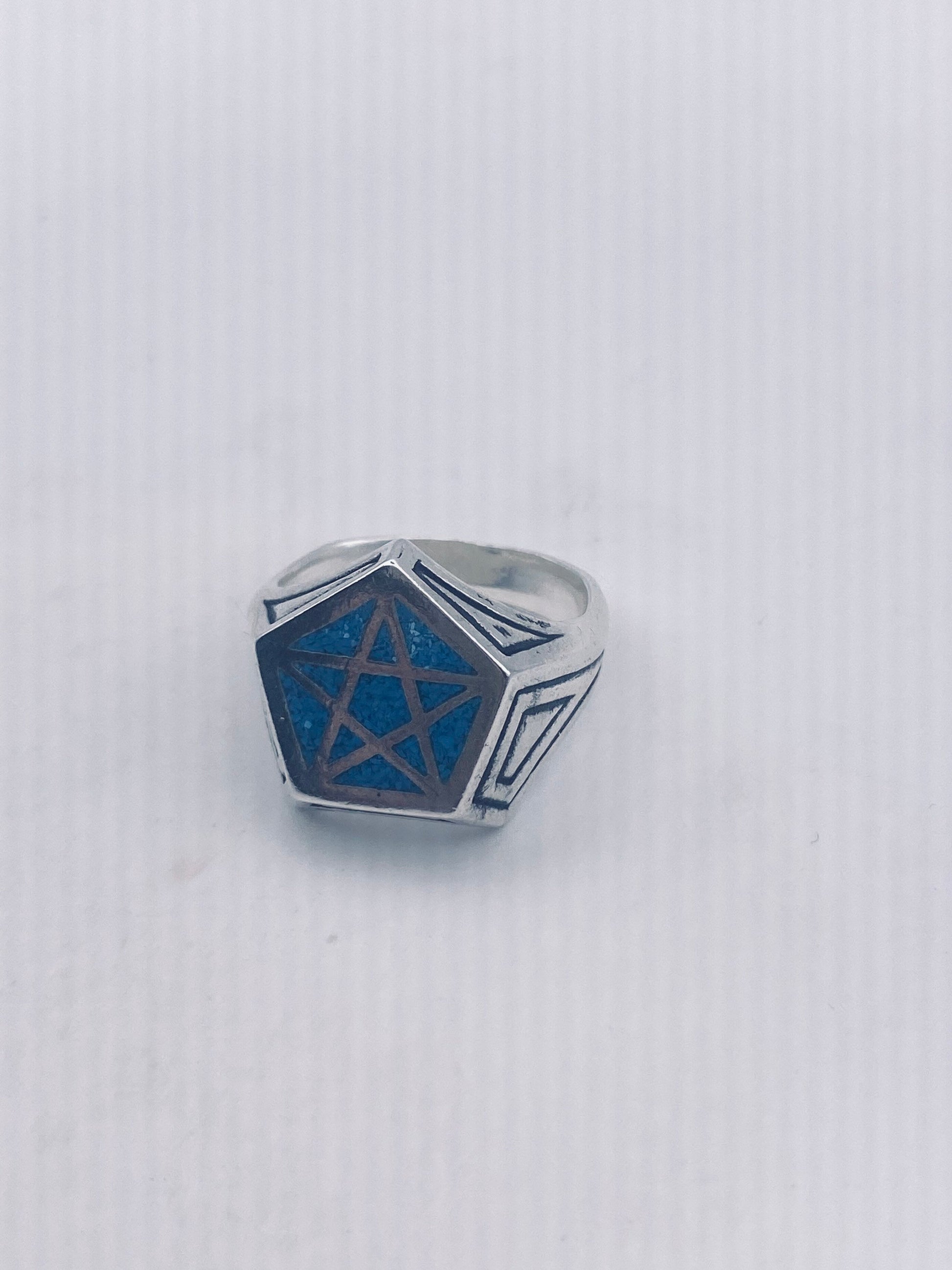 Vintage Gothic Blue Turquoise Pentacle Star Mens Ring