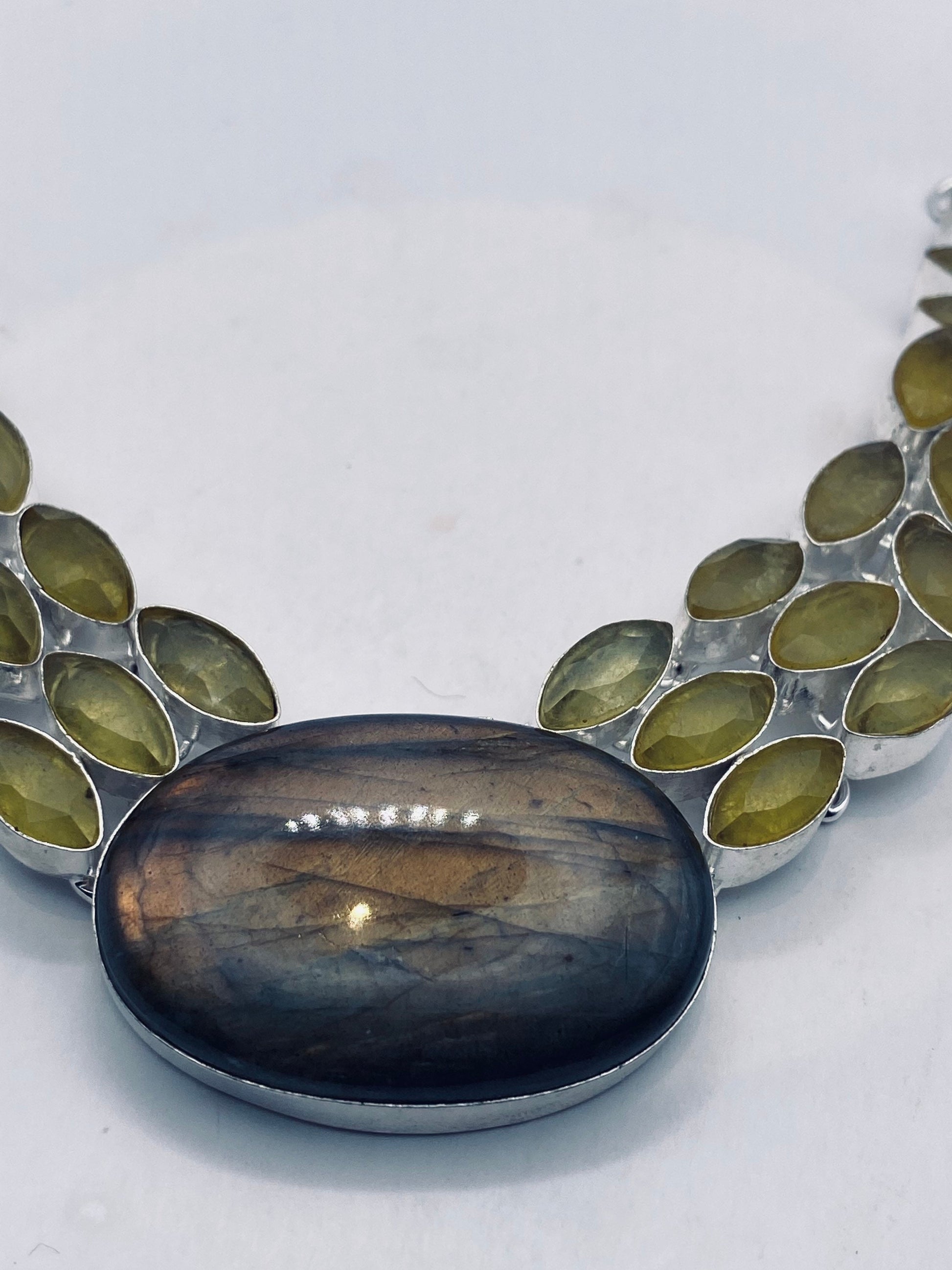 Vintage Rainbow Labradorite Amber Glass Choker Silver Collar Bib Necklace