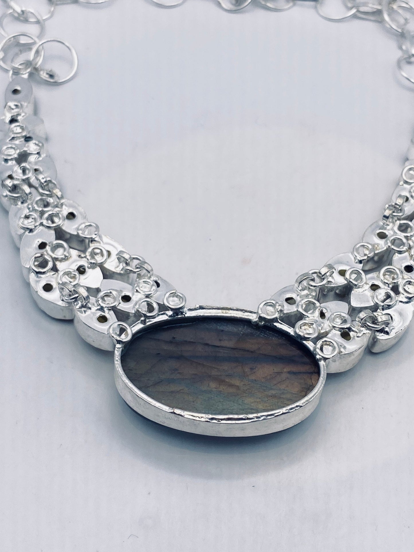 Vintage Rainbow Labradorite Amber Glass Choker Silver Collar Bib Necklace