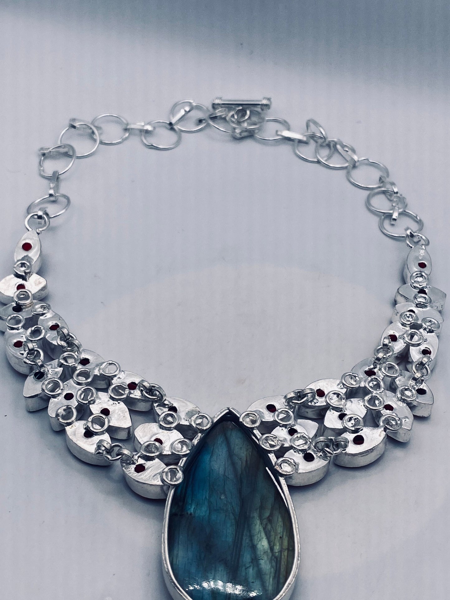 Vintage Rainbow Labradorite Choker Silver Collar Bib Necklace