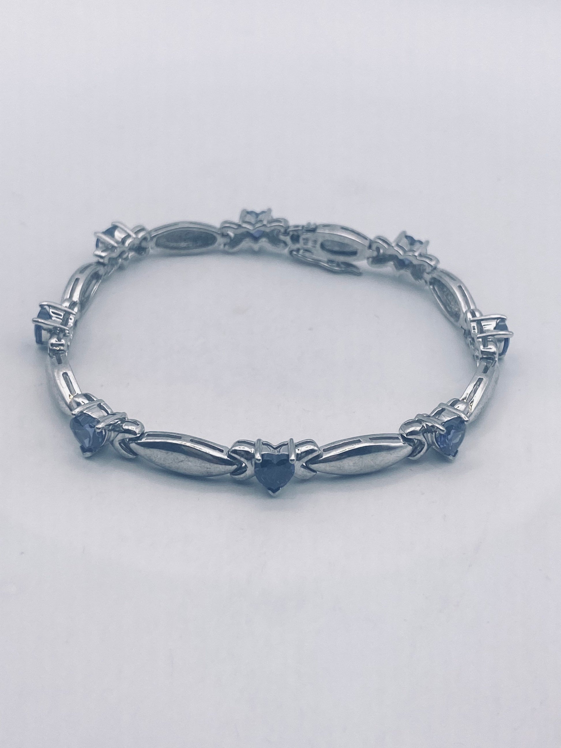 Handmade Genuine Blue Tanzanite Heart 925 Sterling Silver Tennis Bracelet