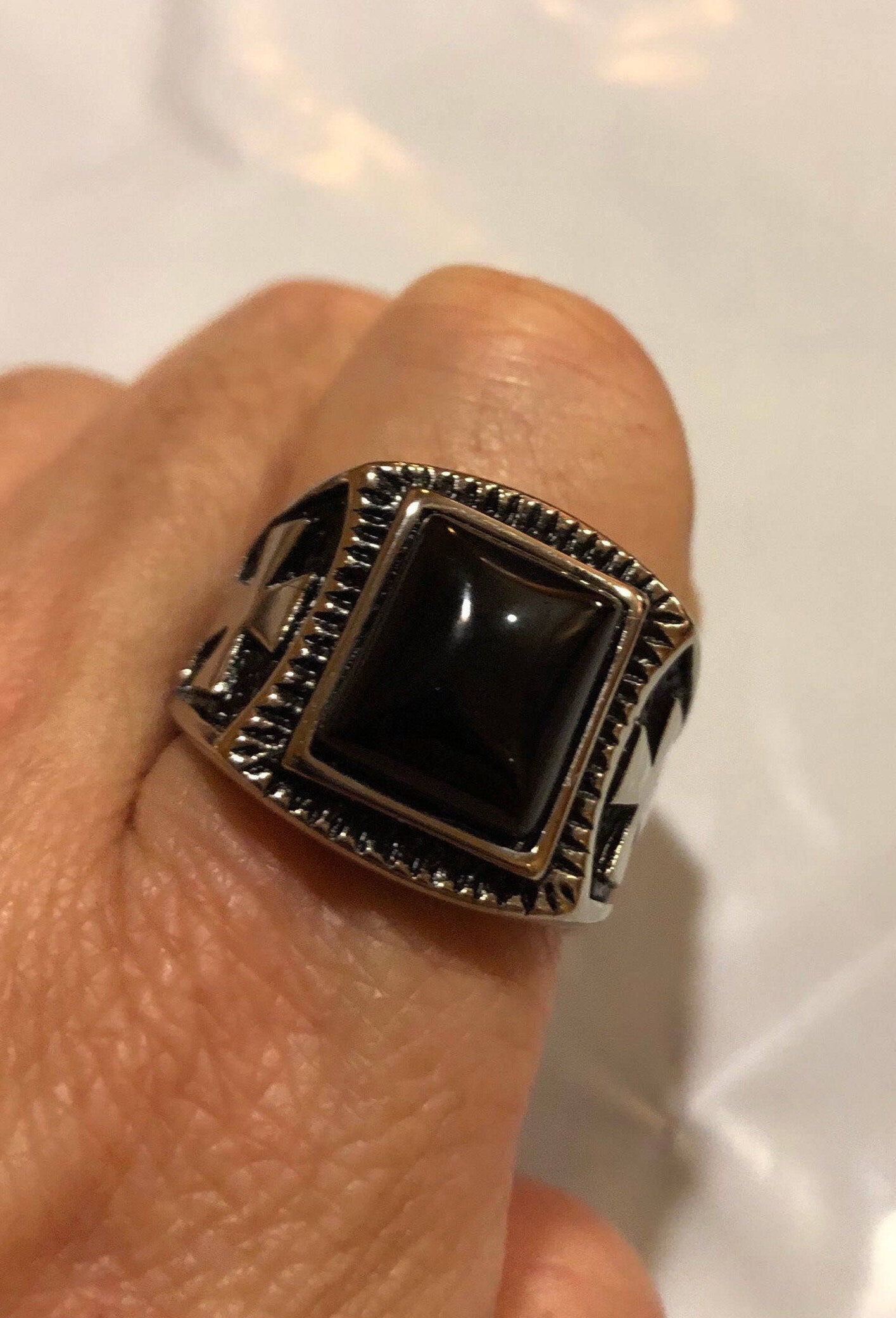 Vintage Gothic Black Onyx Inlay Cross Mens Ring