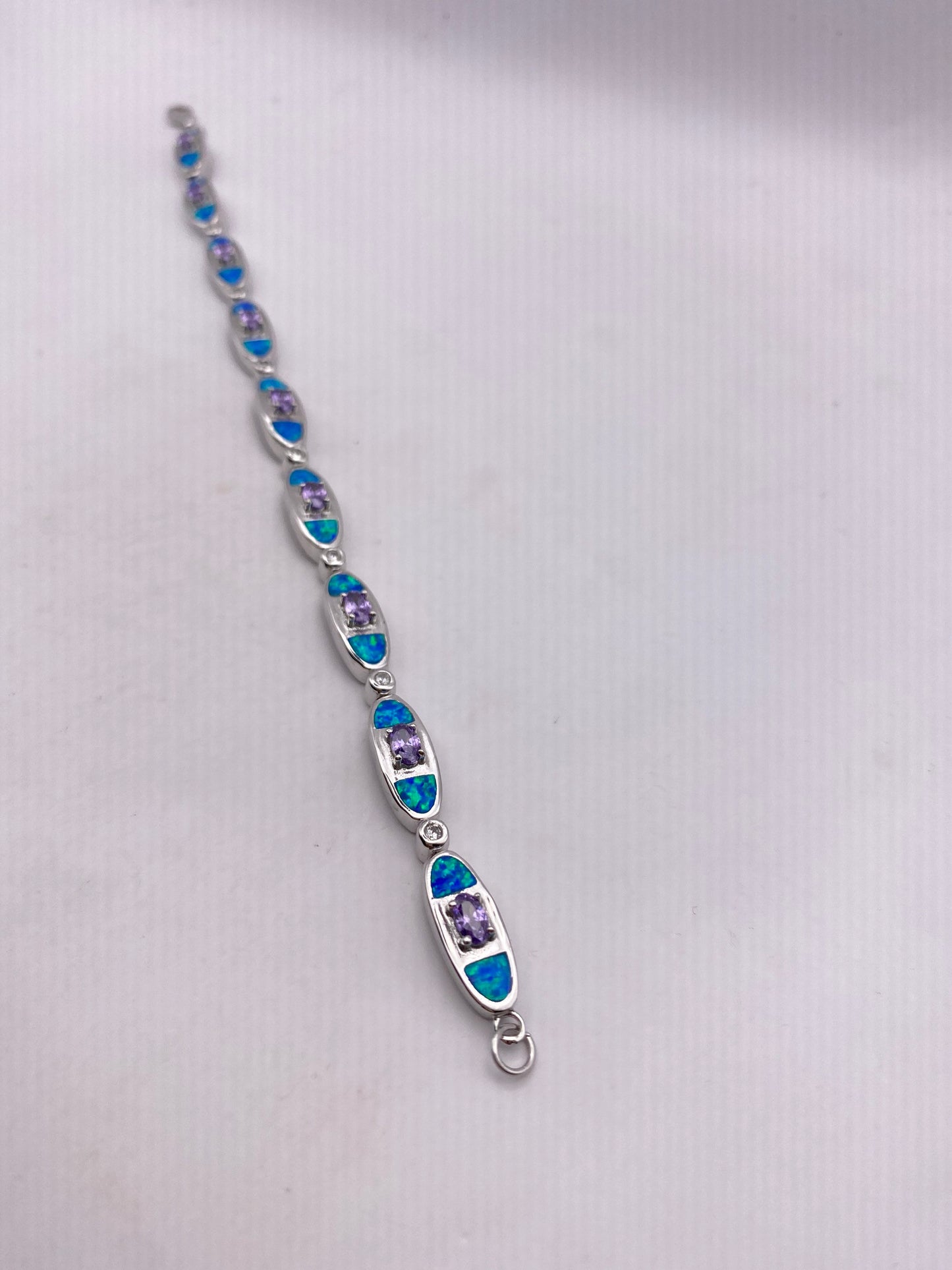 Vintage Blue Fire Opal Amethyst Bracelet inlay 925 Sterling Silver