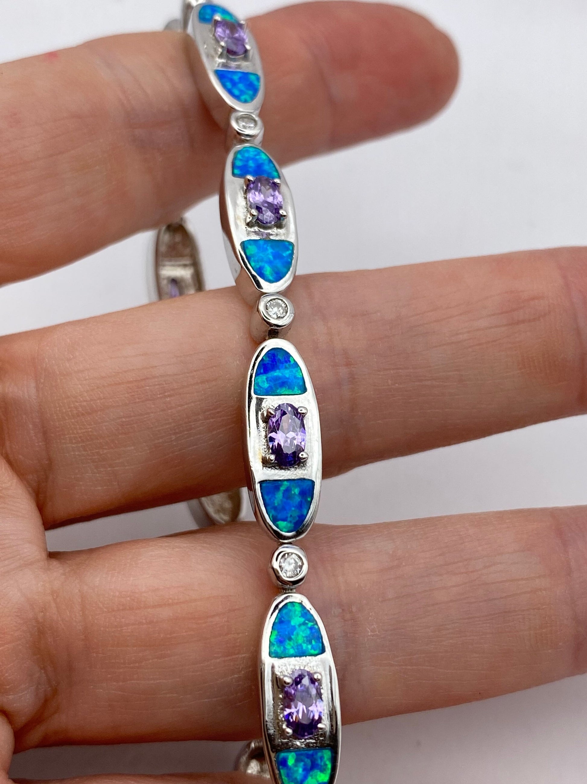 Vintage Blue Fire Opal Amethyst Bracelet inlay 925 Sterling Silver