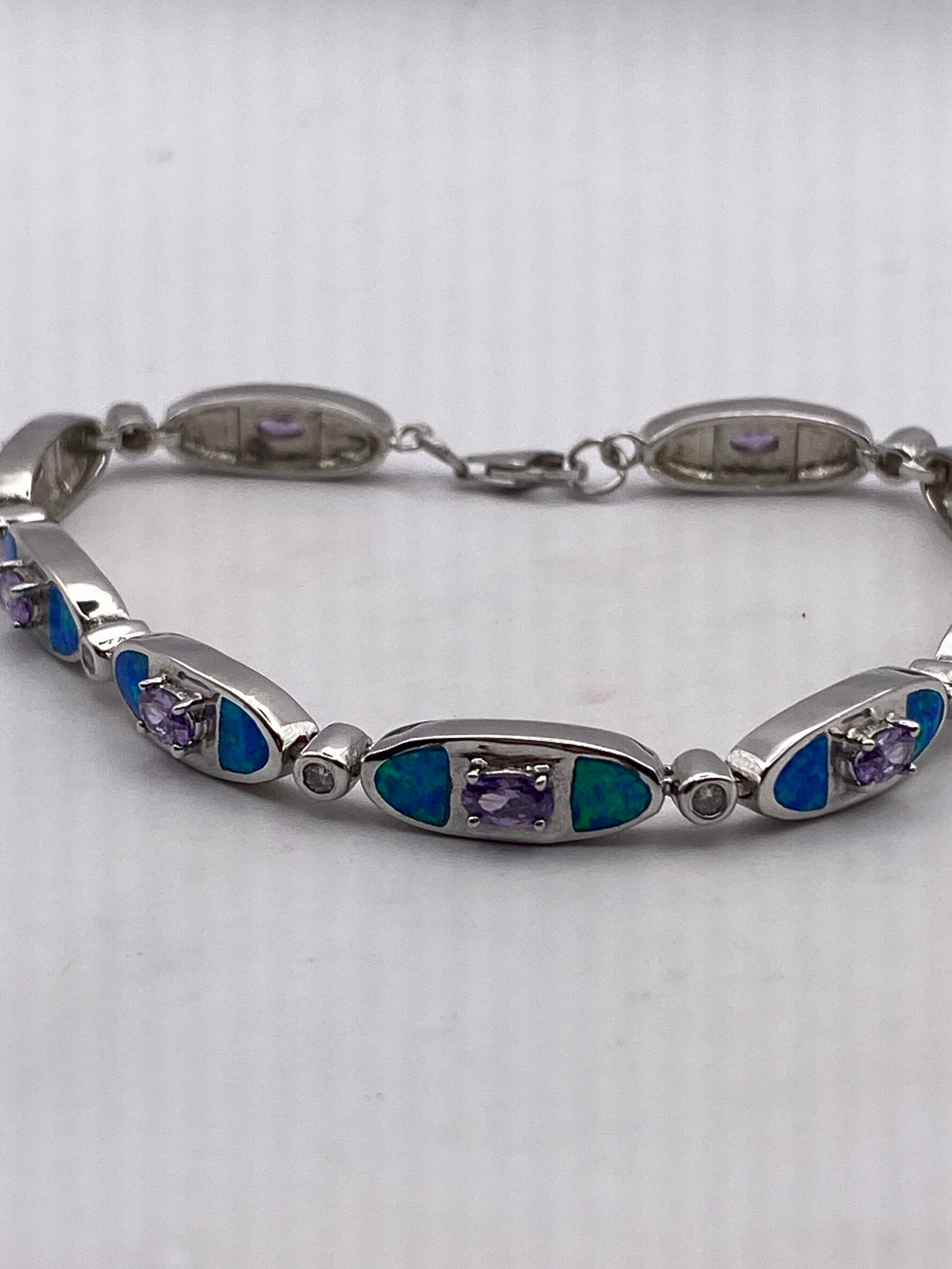 Vintage Blue Fire Opal Amethyst Bracelet inlay 925 Sterling Silver