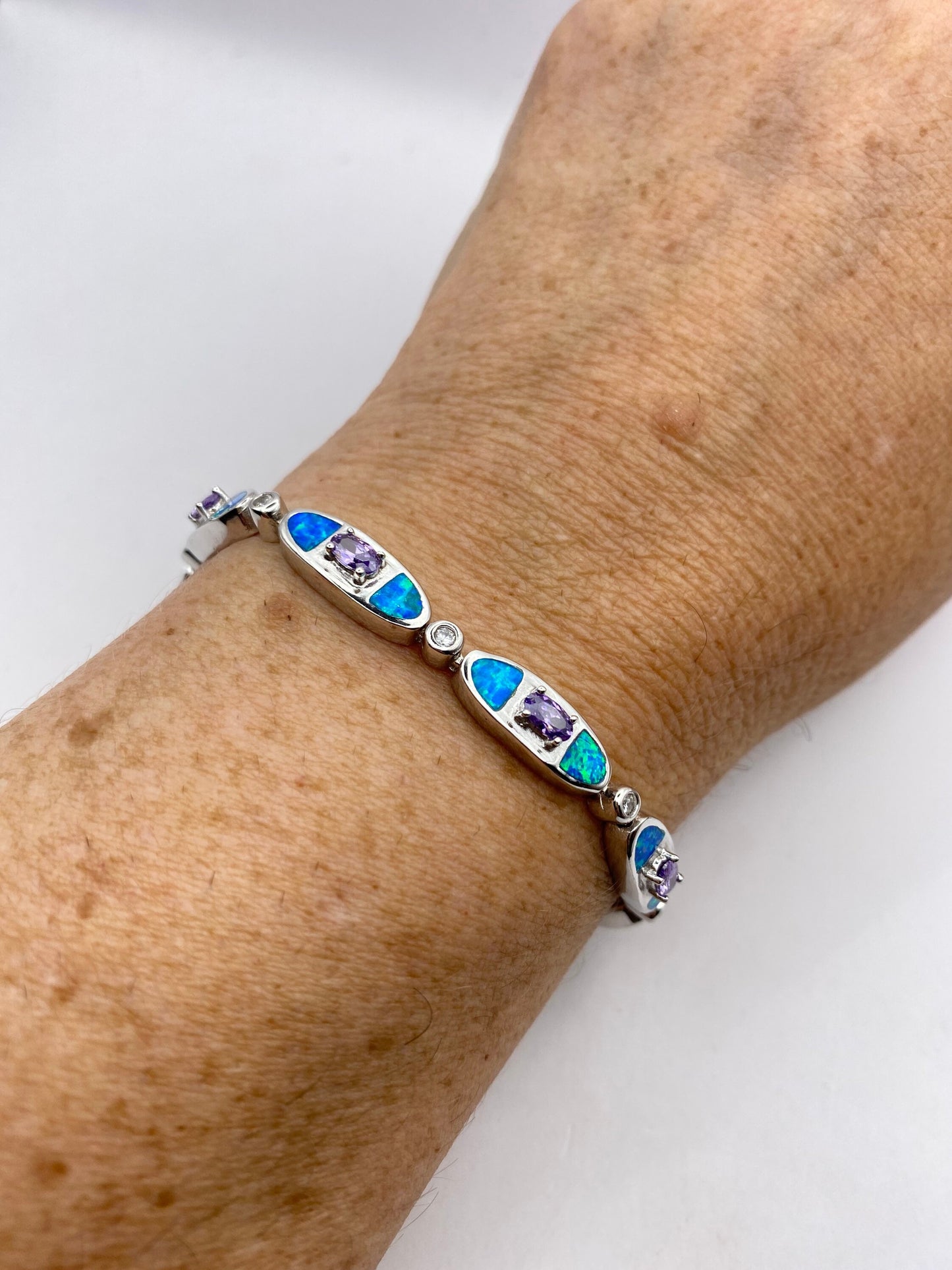 Vintage Blue Fire Opal Amethyst Bracelet inlay 925 Sterling Silver