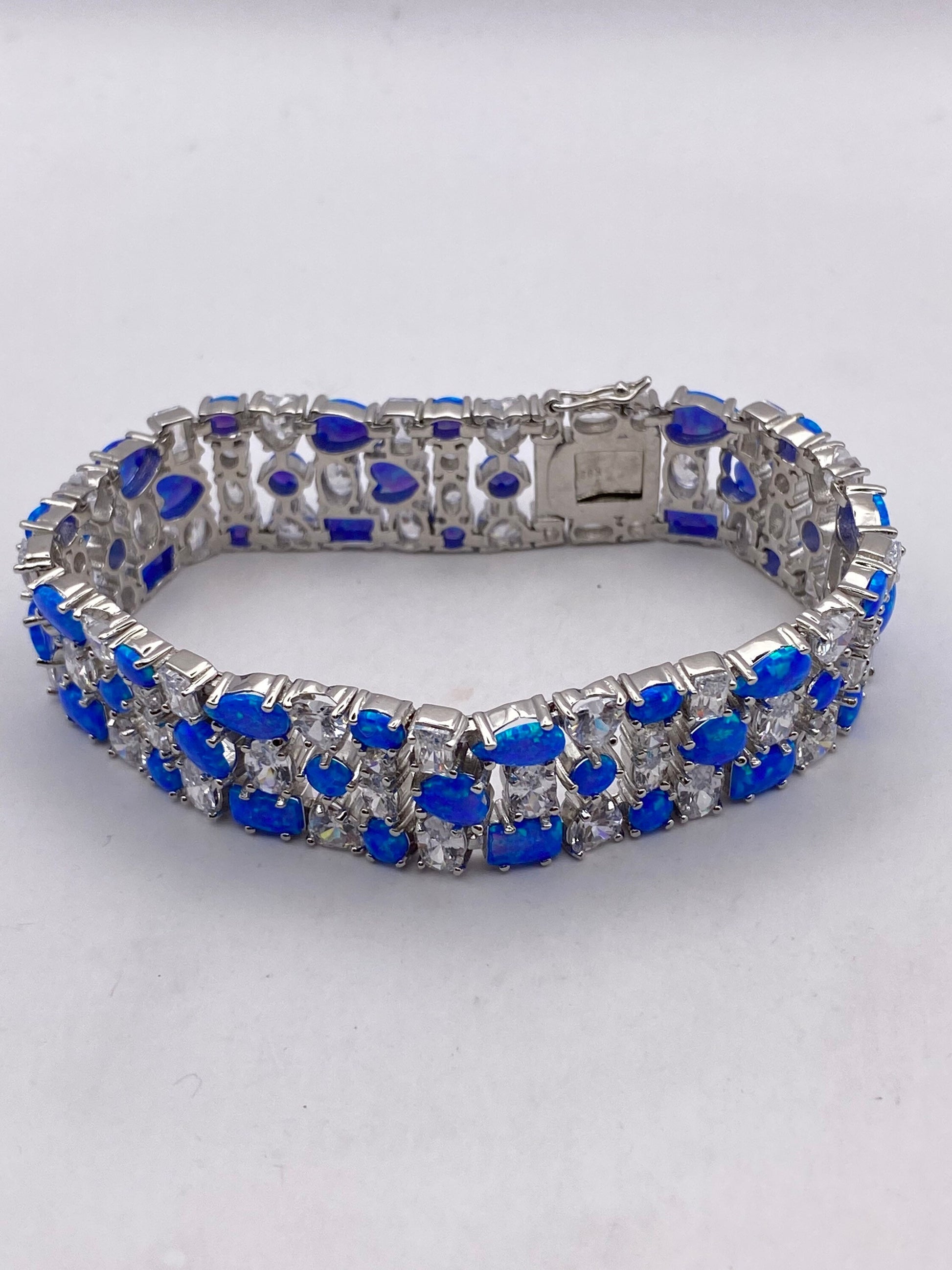 Vintage Blue Fire Opal Cubic Zirconia Heart Bracelet - 925 Sterling Silver Inlay