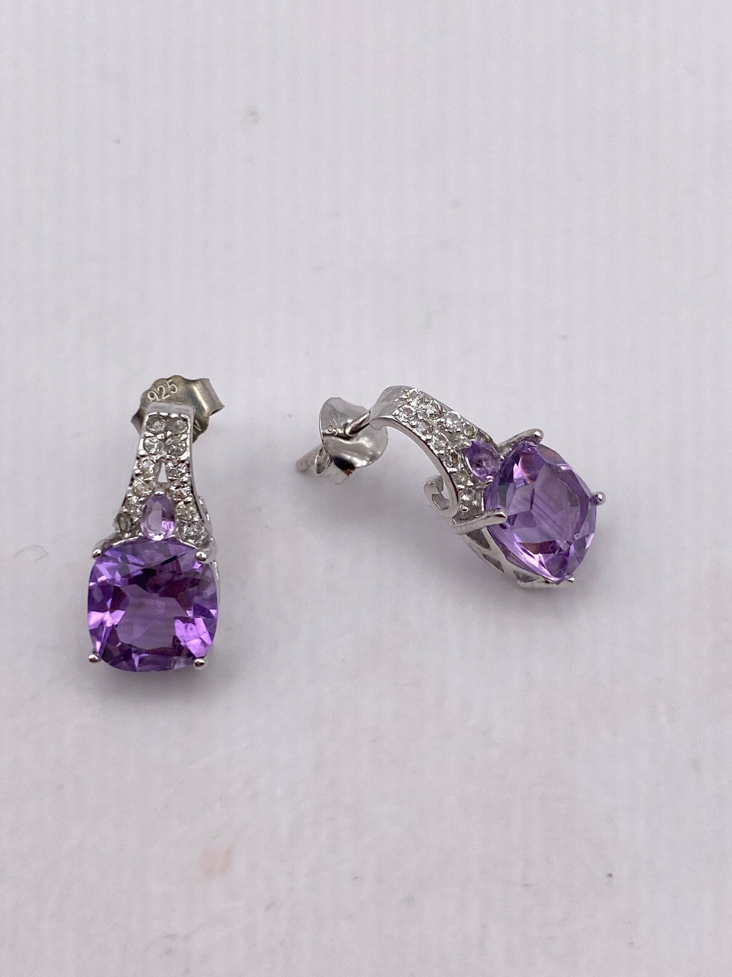 Vintage Amethyst Earrings 925 Sterling Silver Deco Drop