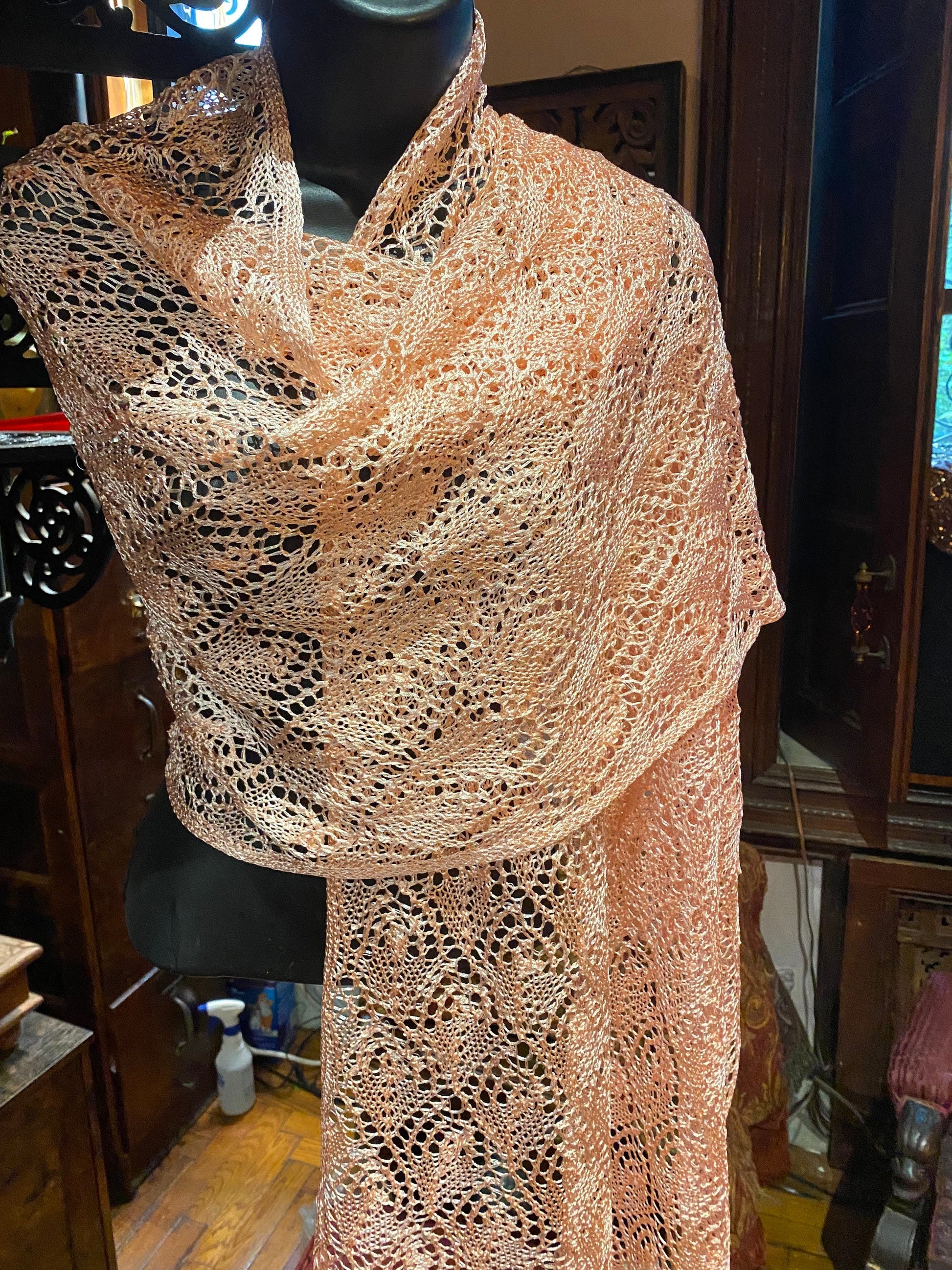 Vintage Coral Pink Lace crochet Shawl Wrap