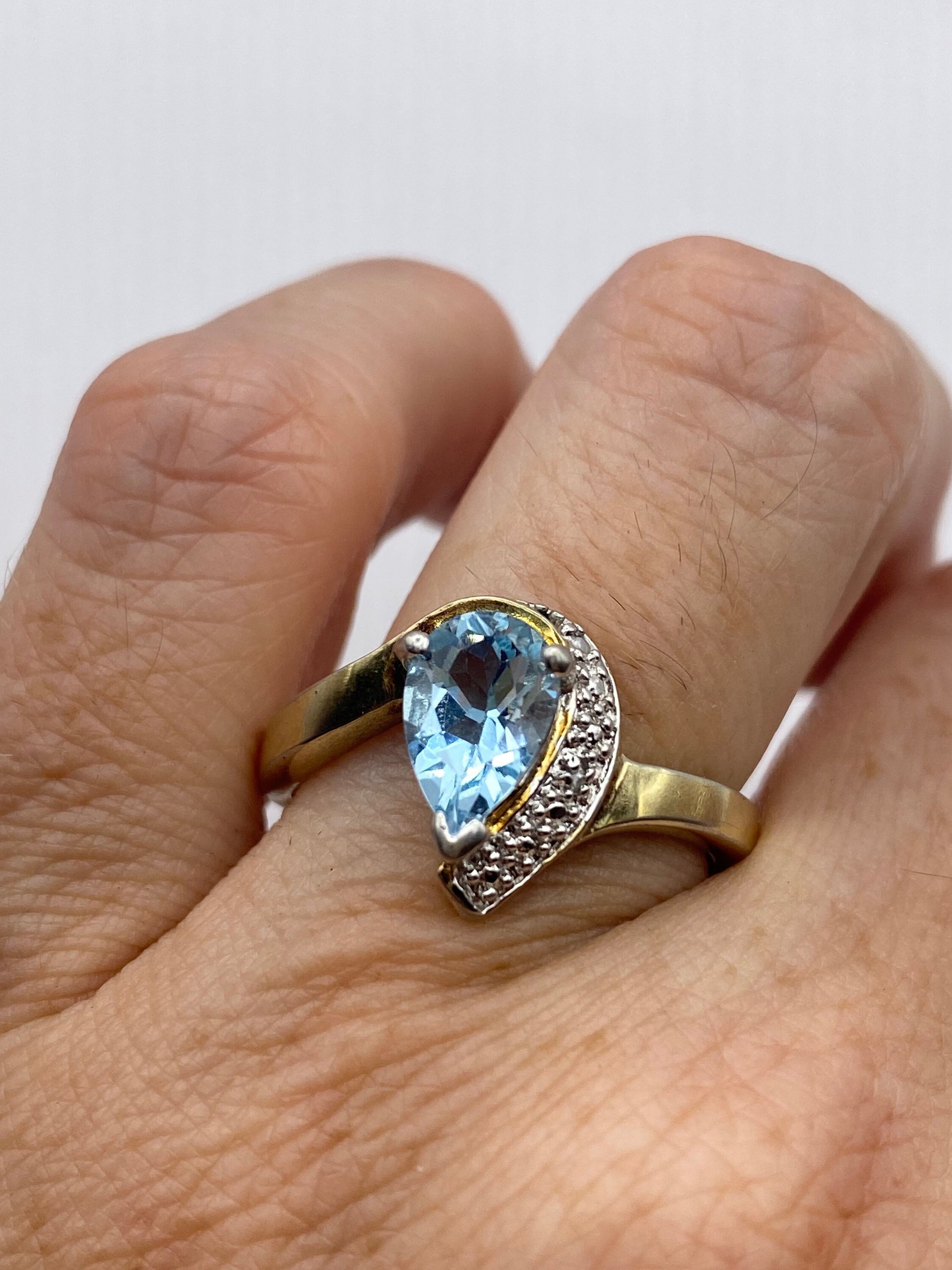 Vintage Genuine Blue Topaz and Diamond Golden 925 Sterling Silver Ring