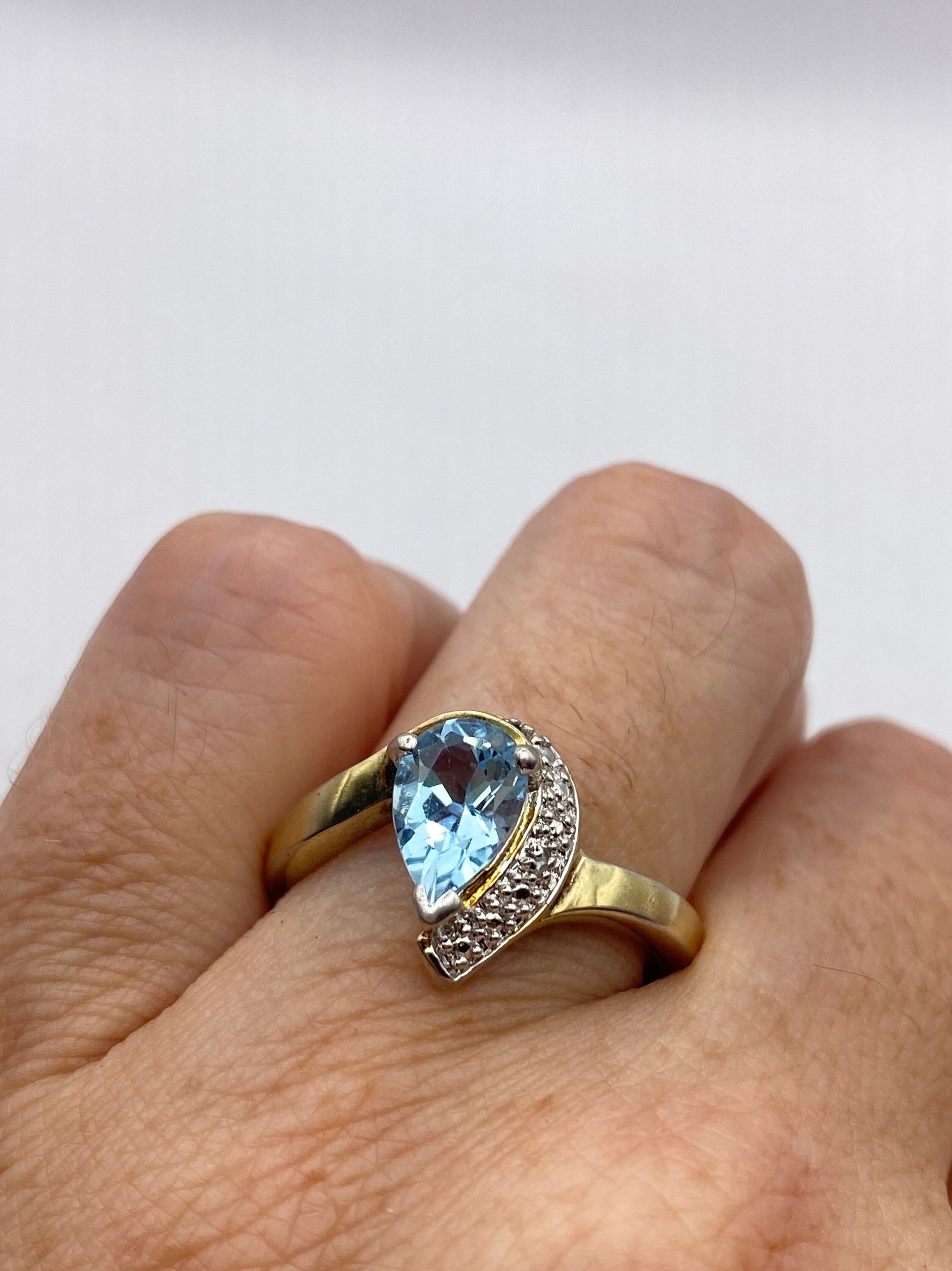 Vintage Genuine Blue Topaz and Diamond Golden 925 Sterling Silver Ring