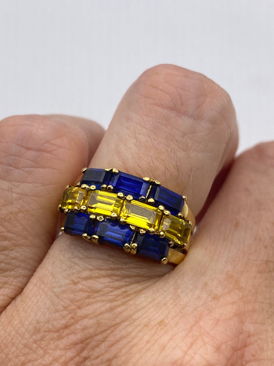 Vintage Blue Iolite and Citrine golden 925 Sterling Silver Ring Size 6