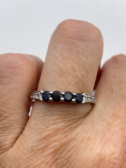 Vintage Deep Blue Sapphire and white Sapphire 925 Sterling Silver Ring