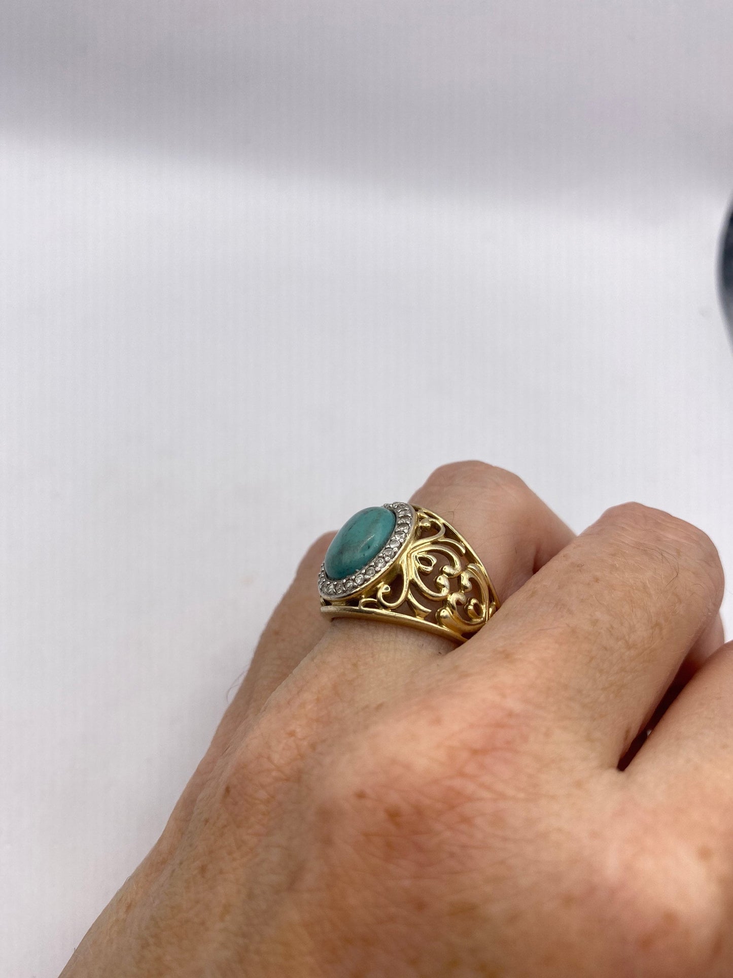 Vintage Persian Turquoise and White Diamond Golden 925 Sterling Silver Ring