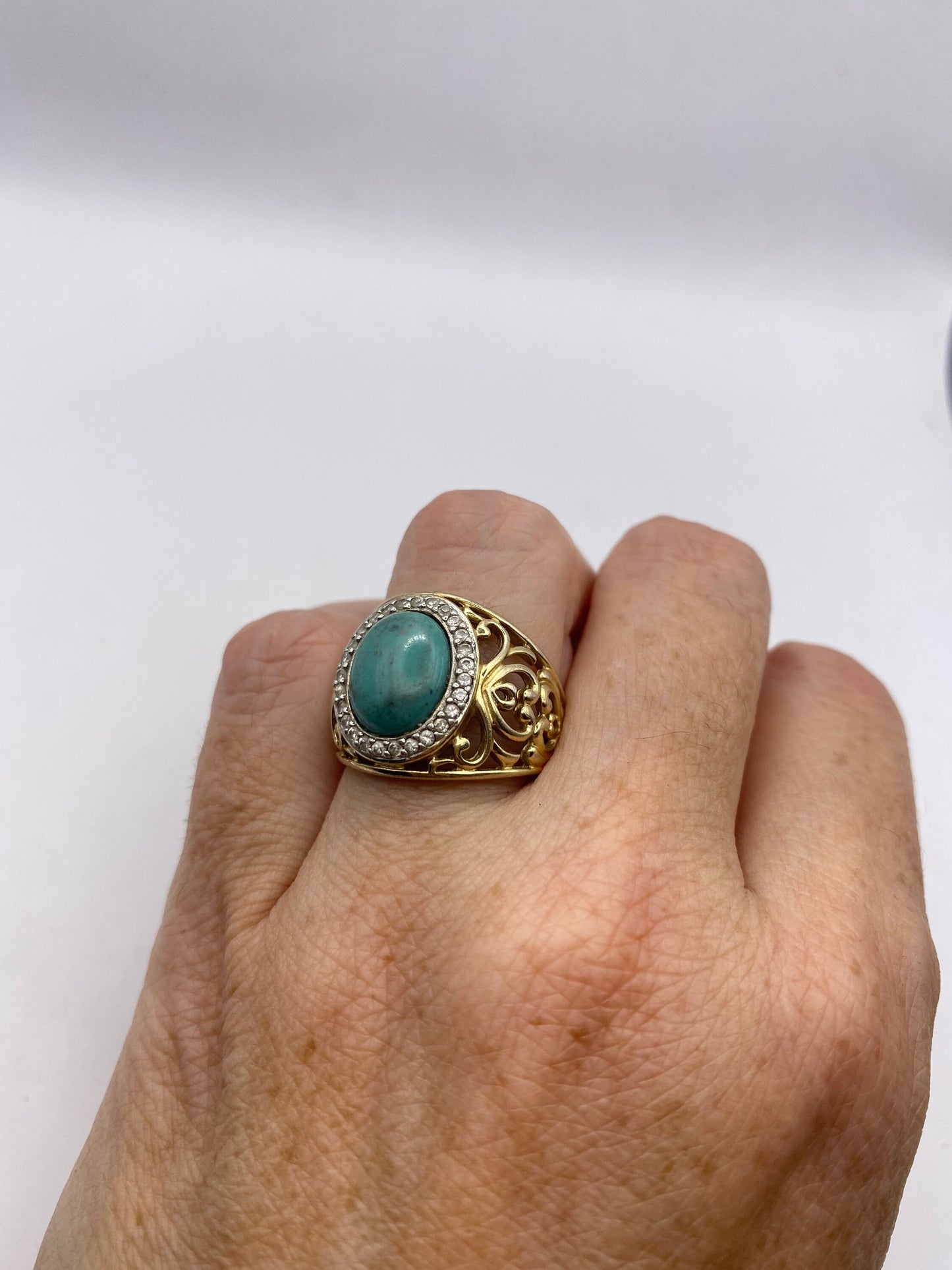 Vintage Persian Turquoise and White Diamond Golden 925 Sterling Silver Ring