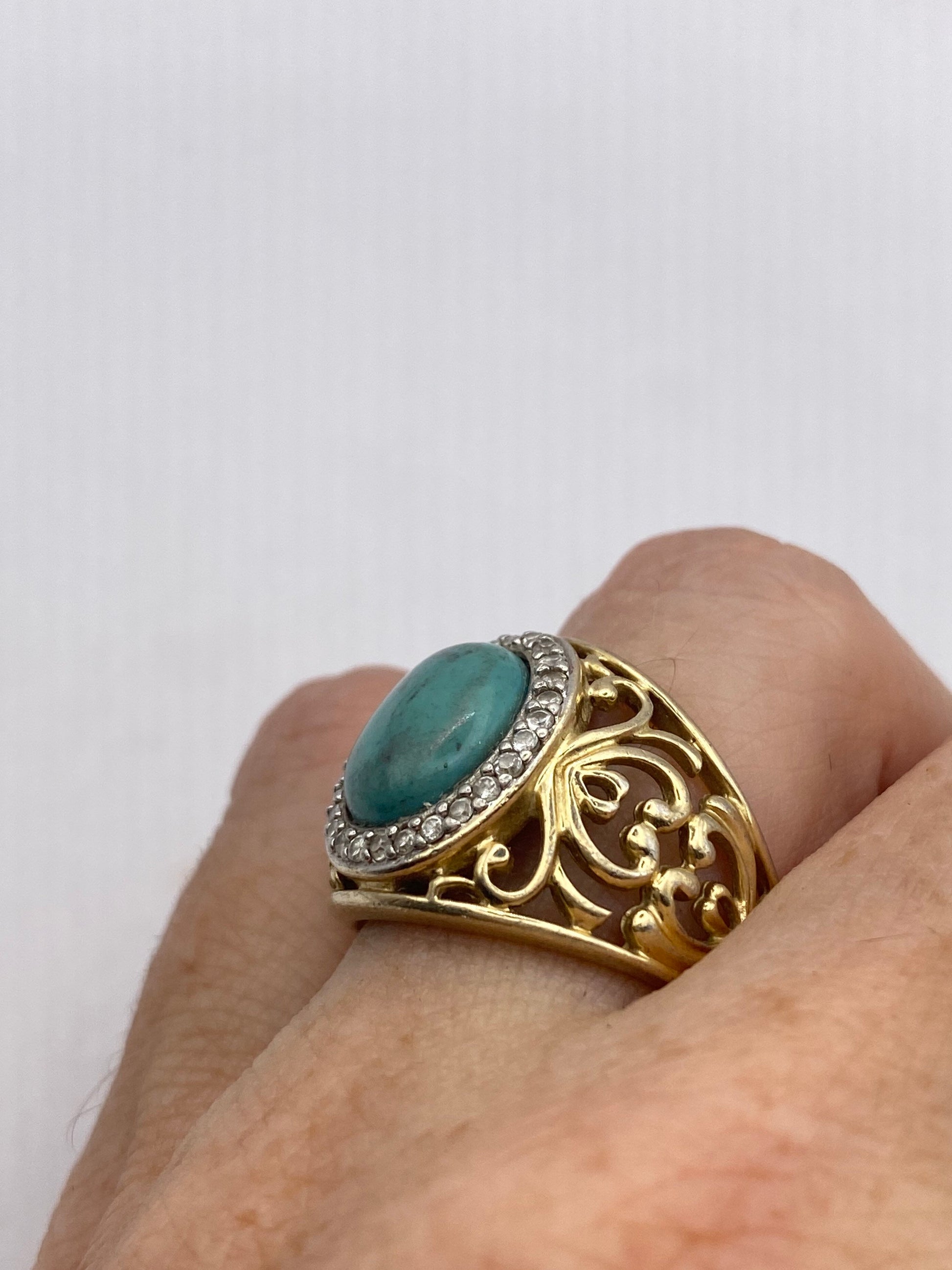 Vintage Persian Turquoise and White Diamond Golden 925 Sterling Silver Ring