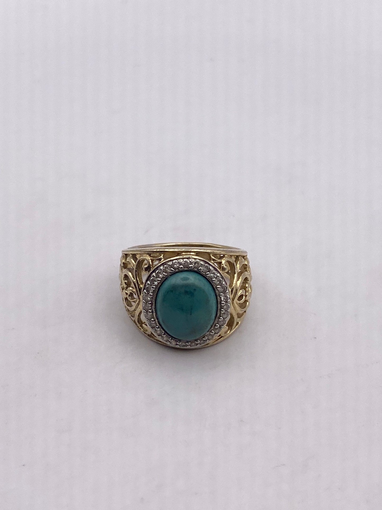 Vintage Persian Turquoise and White Diamond Golden 925 Sterling Silver Ring