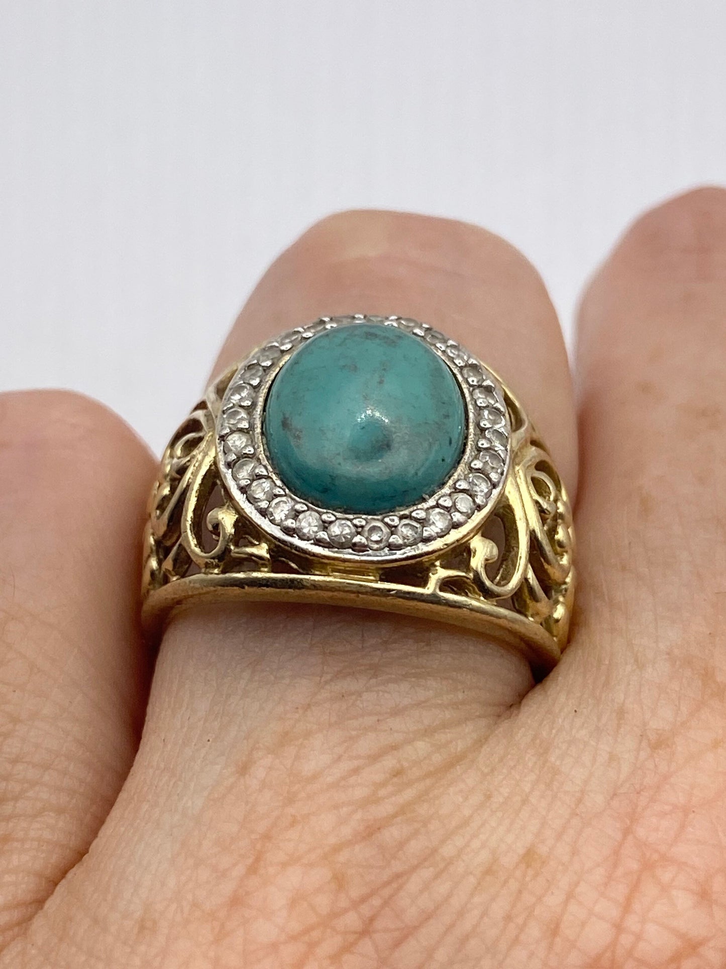 Vintage Persian Turquoise and White Diamond Golden 925 Sterling Silver Ring